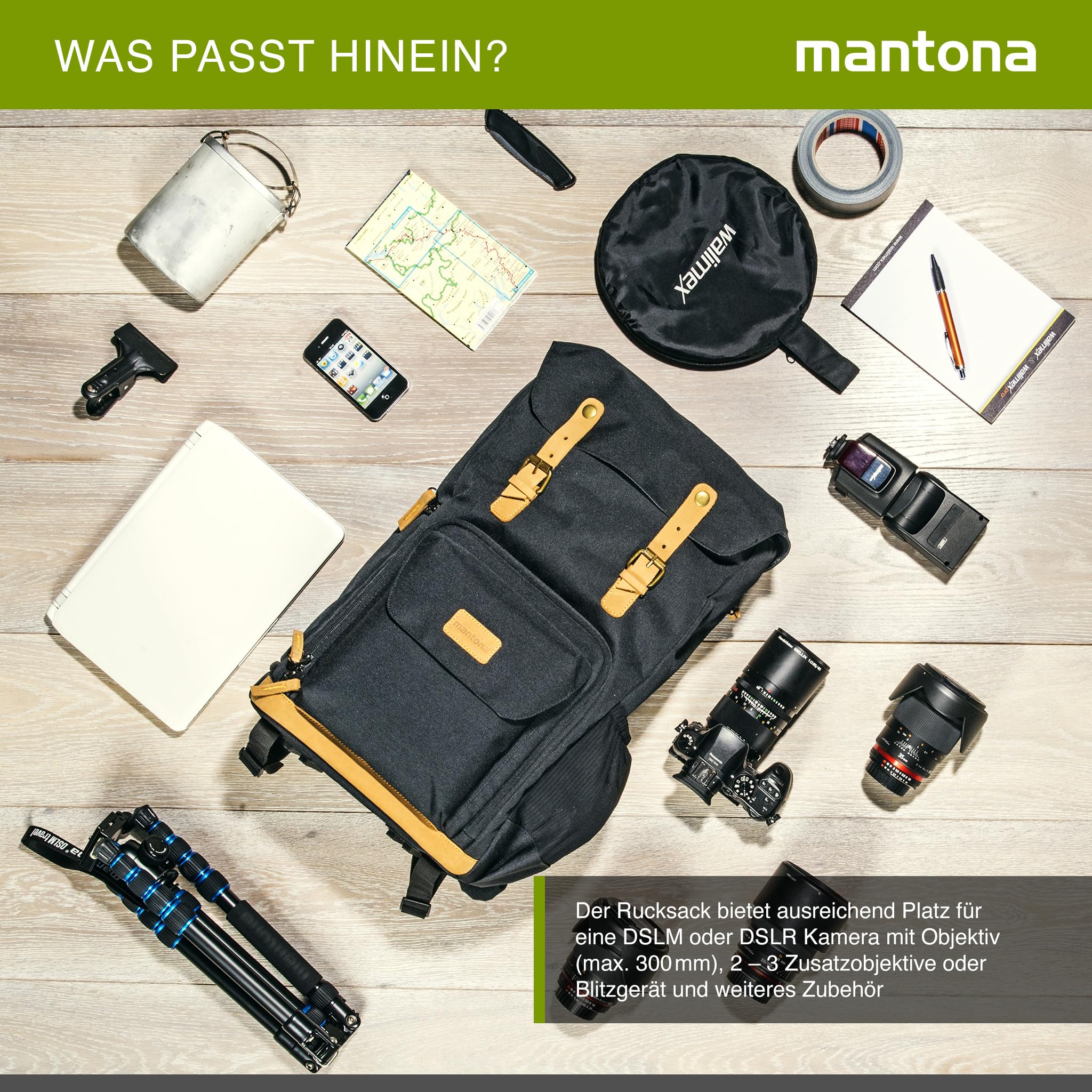 Mantona Luis Sac Dos Photo rétro, Appliques Cuir, avec Housse de Pluie, aménagement Flexible avec Compartiment pour Ordinateur Portable, pour 1 Appareil Photo Reflex, 3 objectifs, Accessoires, Noir
