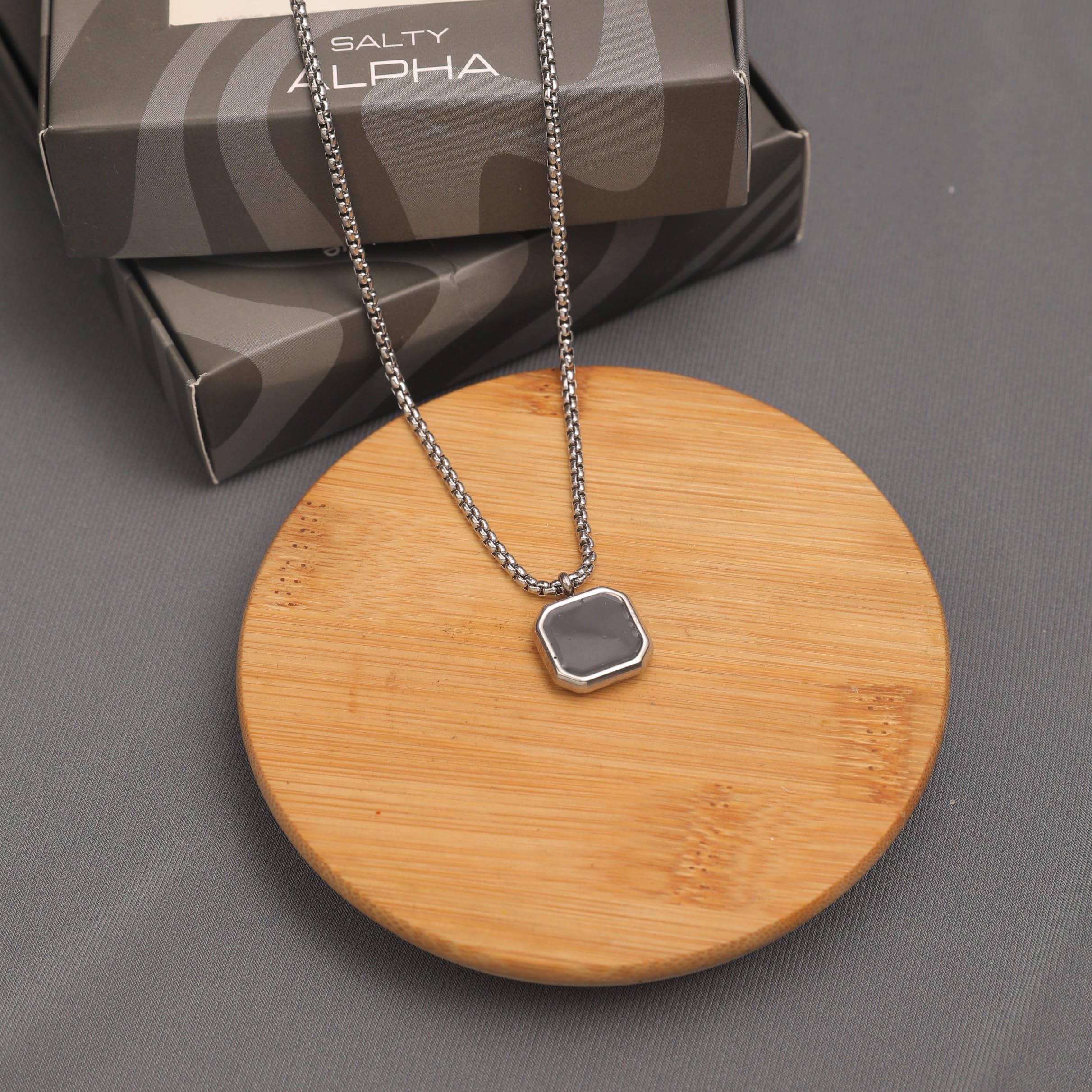 SALTY ALPHA Anti Tarnish Stainless Steel Midnight Charisma Locket Neck Chain for Men | Stylish Pendant Necklace | Jewellery Accessories for Boys | Minimal Jewelry | Gifts for Boyfriend & Husband | Marriage, Birthday... | Gift for Valentine Day.. 4