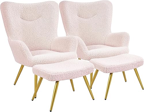 Yaheetech Silla decorativa con otomana, sillón de tela Boucle, silla de tocador moderna y acogedora con patas doradas para sala de estar, salón,
