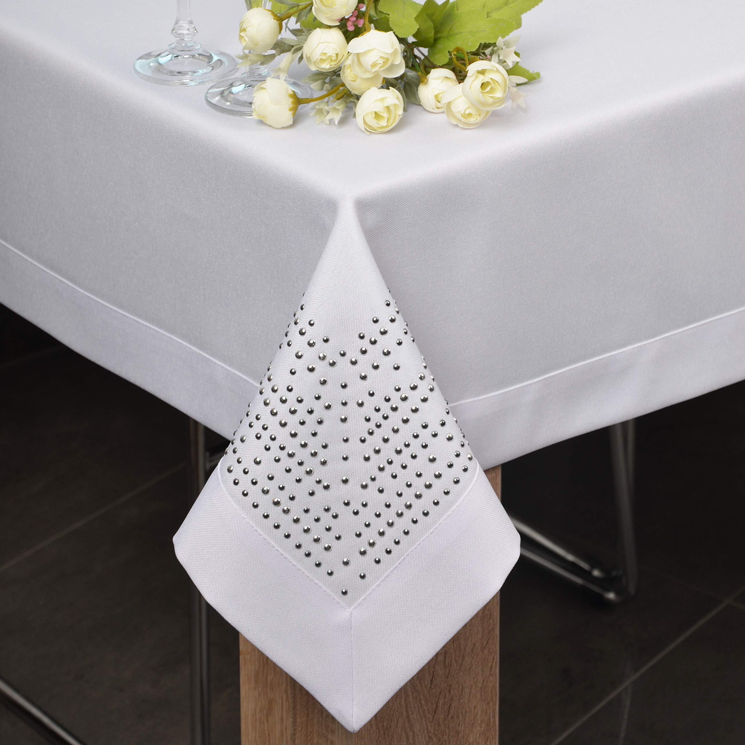 Tischdecke 140x260 cm eckige Tischwäsche aus Stoff in Leinenoptik 220 g/m² schmutzabweisende Tafeldecke abwaschbar mit dekorativer 5 cm Bordüre mit Metall-Details Jets Weiß