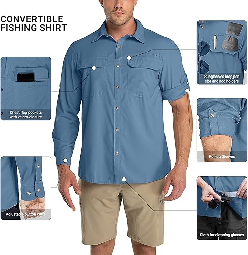 Vista 3 de Outdoor Ventures Camisa de manga larga para hombre, con protección solar UPF 50+, para senderismo, pesca, secado rápido, para viajes safari