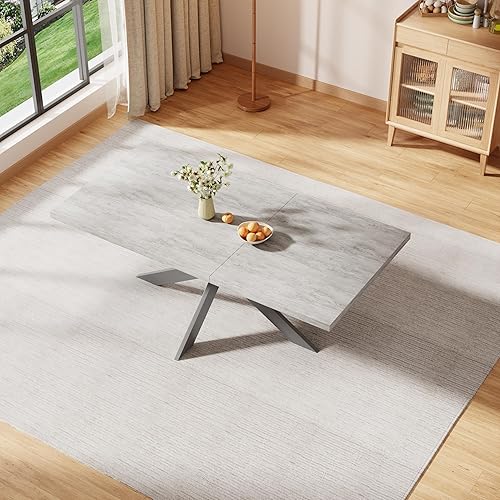 Miniatura 8 de ZckyCine Juego de mesa de comedor extensible de 6 piezas, moderna mesa de madera gris de 63 a 79 pulgadas con 6 sillas de tela gris, mesa de comedor