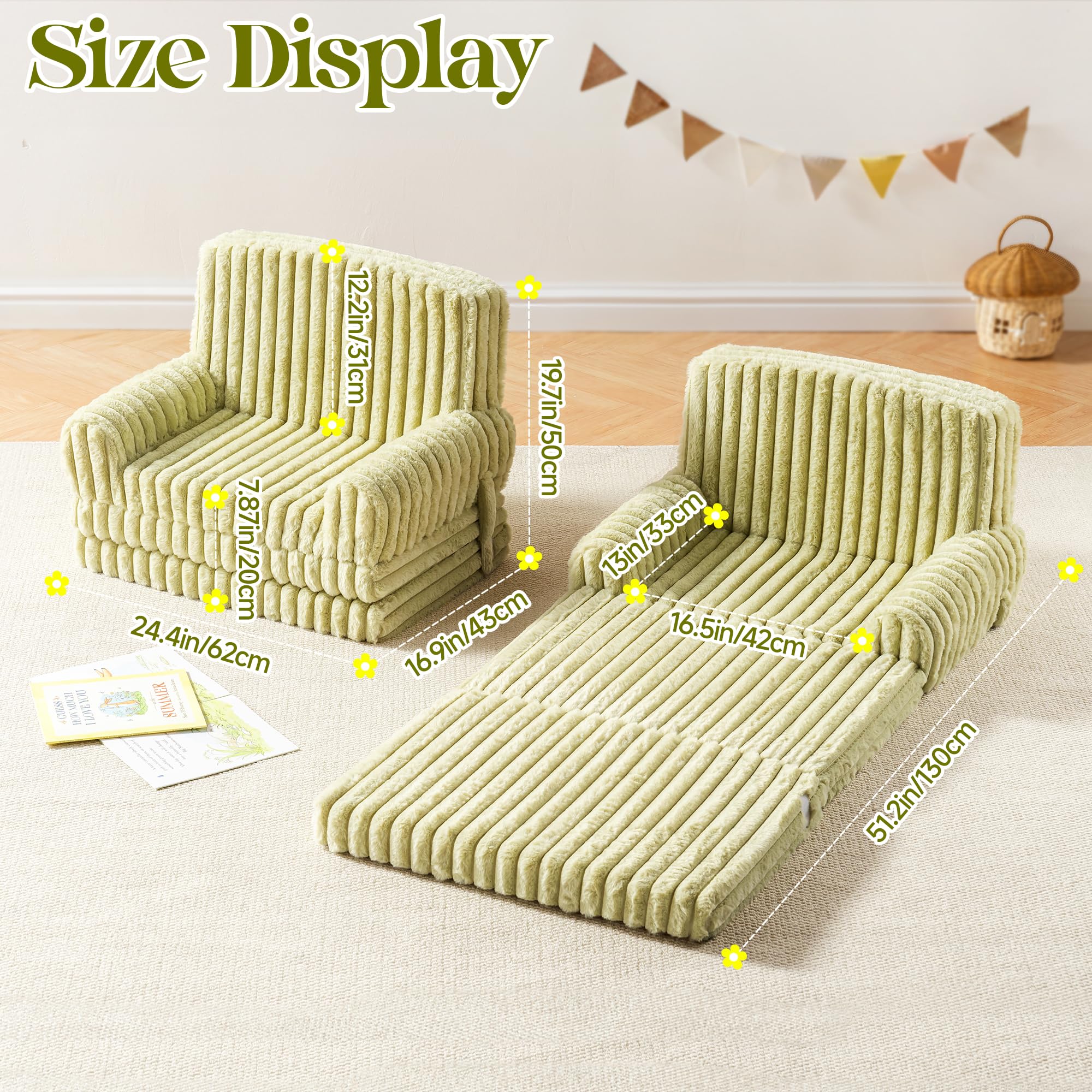 ROBUD Kinder Sofa 2-in-1 Klappsofa & Matratze – Faltbares Kindersofa mit abnehmbarem Bezug, Aufbewahrungstasche & Tragegriff - Grün