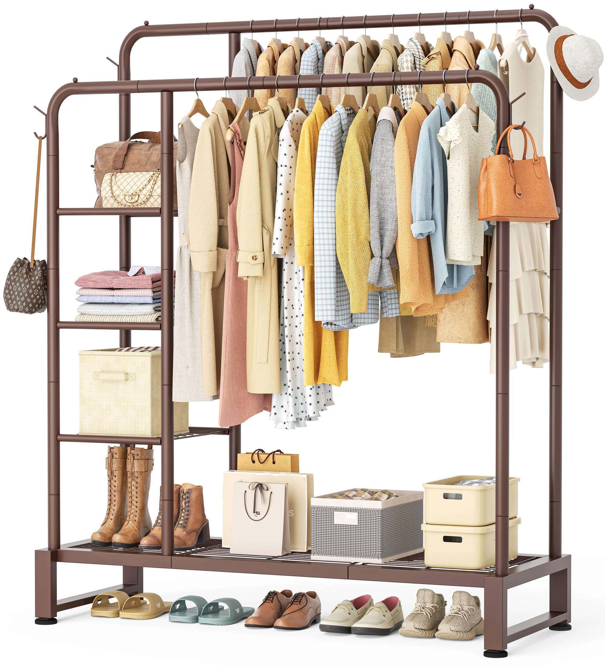 HOMIDEC Clothes Rail,Double Rail Clothes Rack with 4 Storage Shelves,Heavy Duty Metal Clothing Rail Supports to 80kg,Multifunctional Clothes Storage for Bedroom,Office,Shop(Brown).