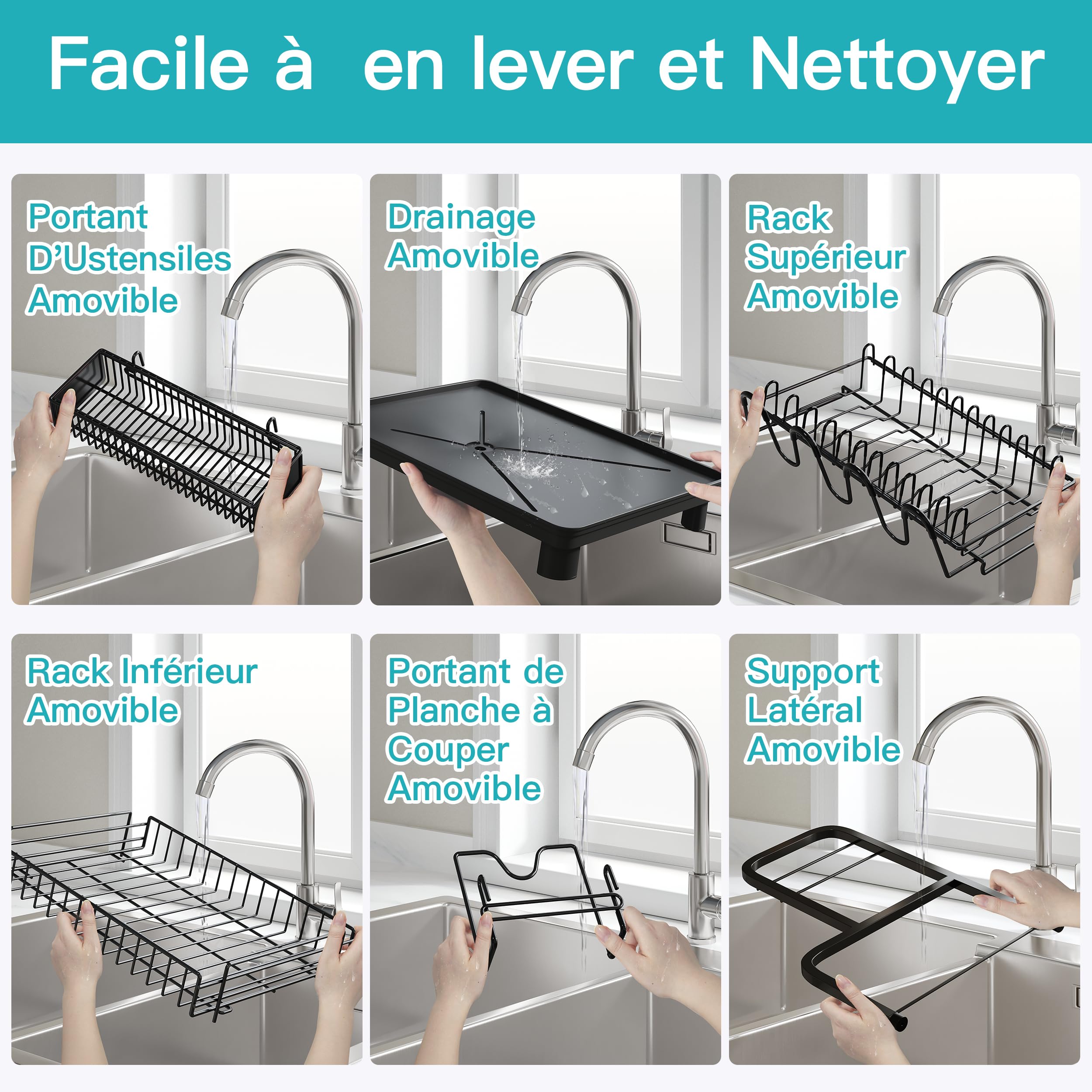 Boosiny Egoutoire Vaisselle Cuisine 2 Niveaux, INOX Égouttoir Vaisselle sur Evier avec Porte-Gobelets et Porte-Ustensiles, Noir Séchoir à Vaisselle Rangement Vaisselle avec Vidange Automatique