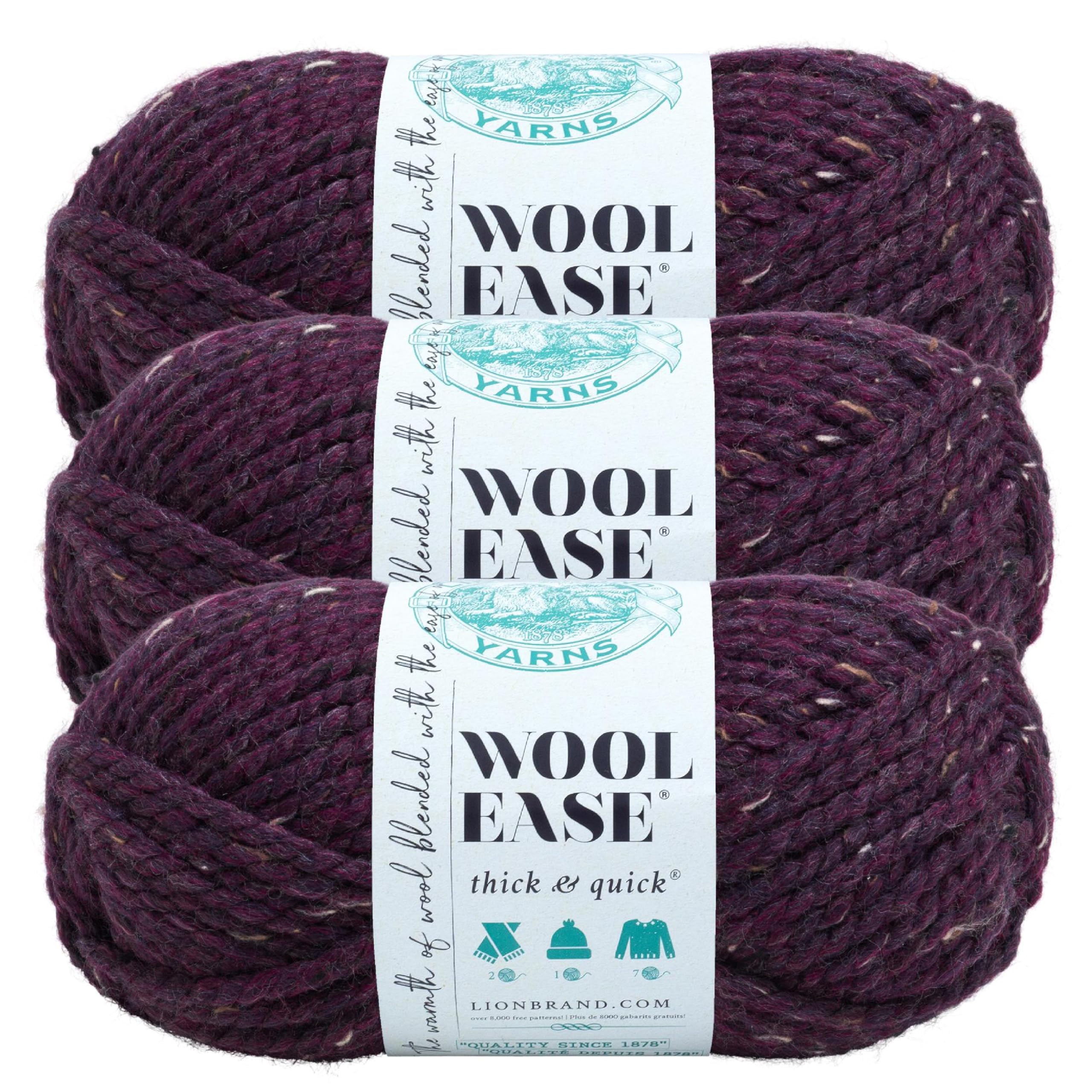 Lion Brand Yarn Wool-Ease Thick and Quick Yarn, Soft and Bulky Yarn for Knitting, Crocheting, and Crafting, 3 Pack, Raisin