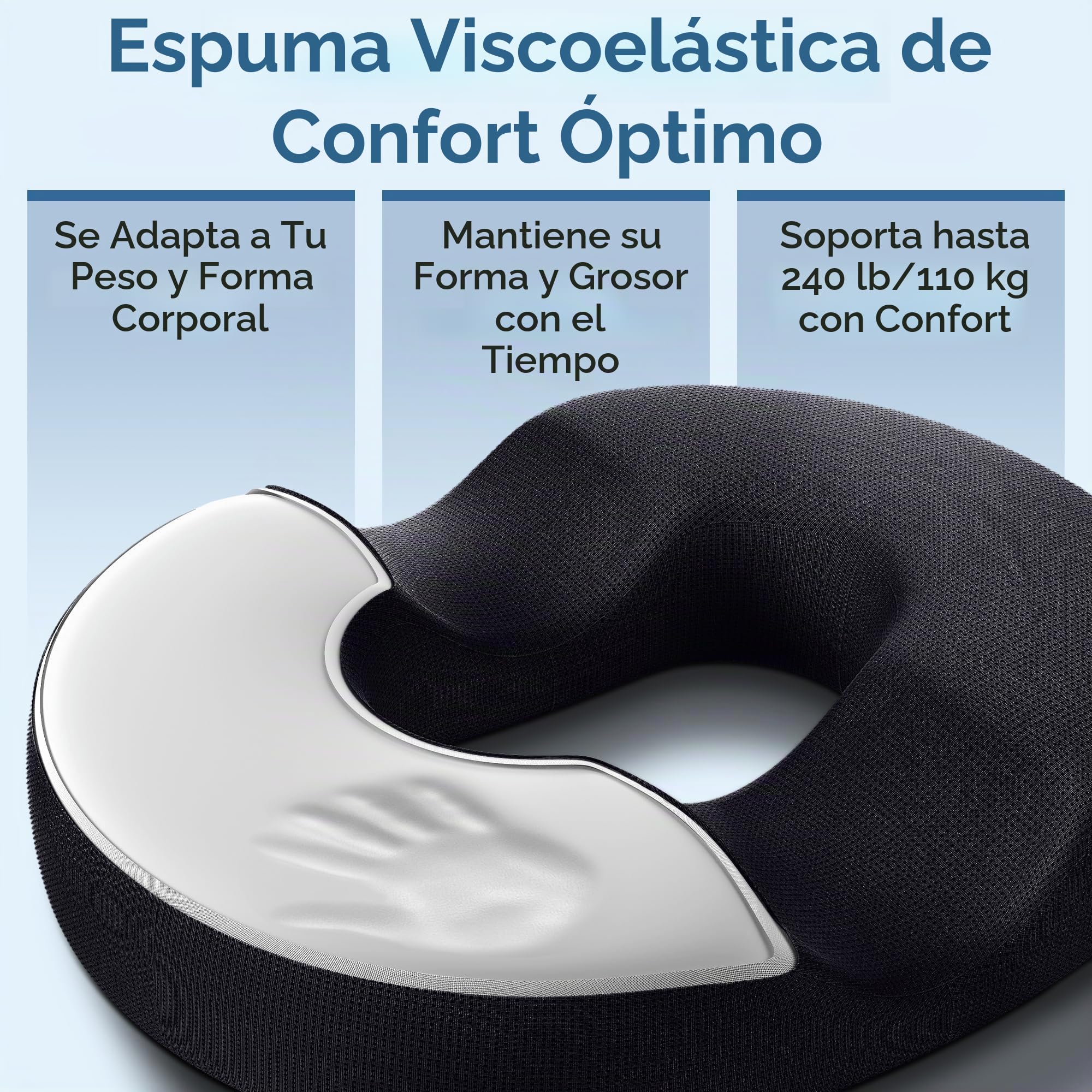 5 Star United Cojín Donut de Memory Foam, Alivio de Hemorroides y Dolor de Coxis, Forma Ergonómica en U, Antideslizante, Funda Lavable: Negro Grande