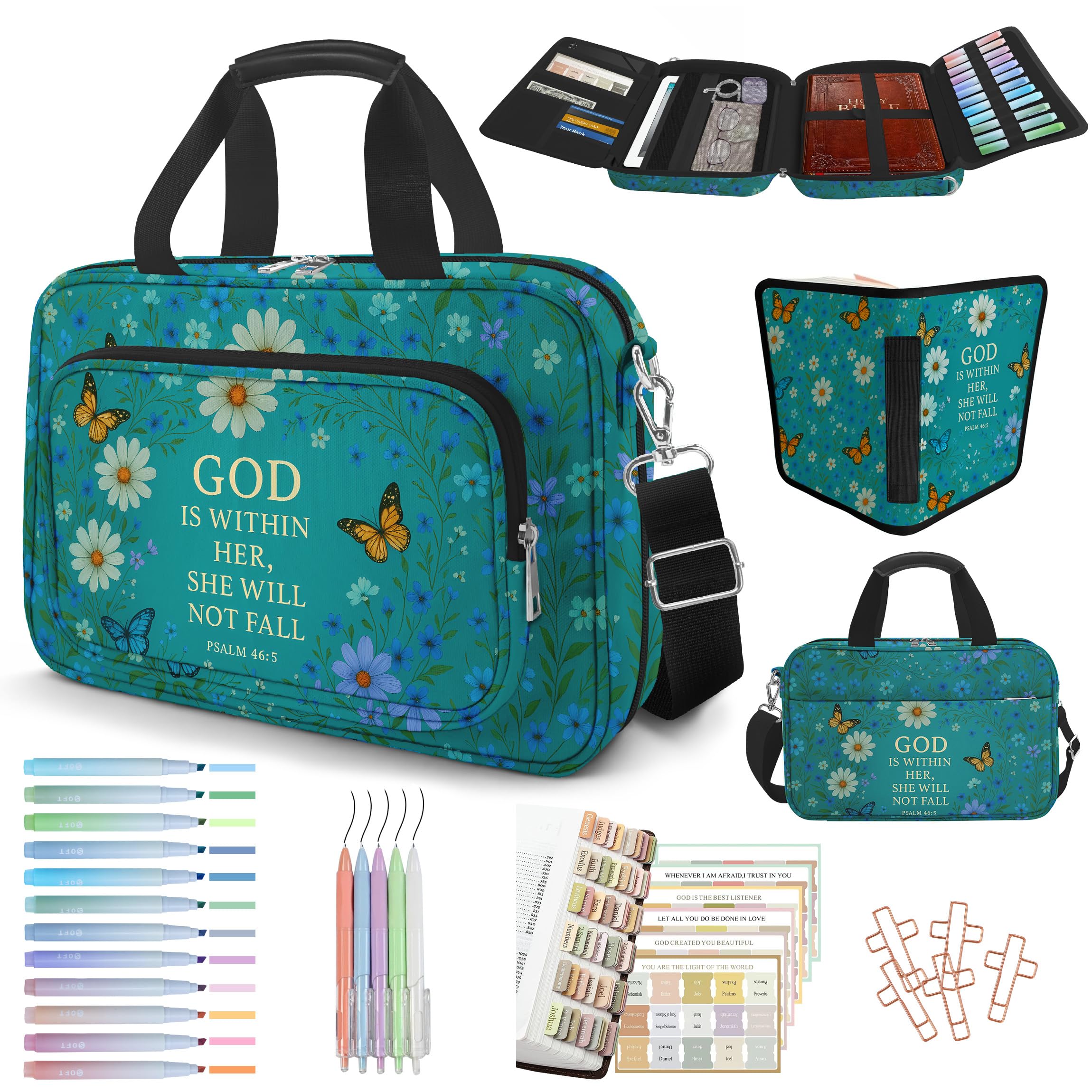 bolimoss Daisy Butterfly Bible Cover with Pens Highlighters Cross Clip Tabs, Bible Cover Case for Women, Bible Carrying Case with Strap Handle, Large Church Bag with Zipper Pockets, Christian Gifts