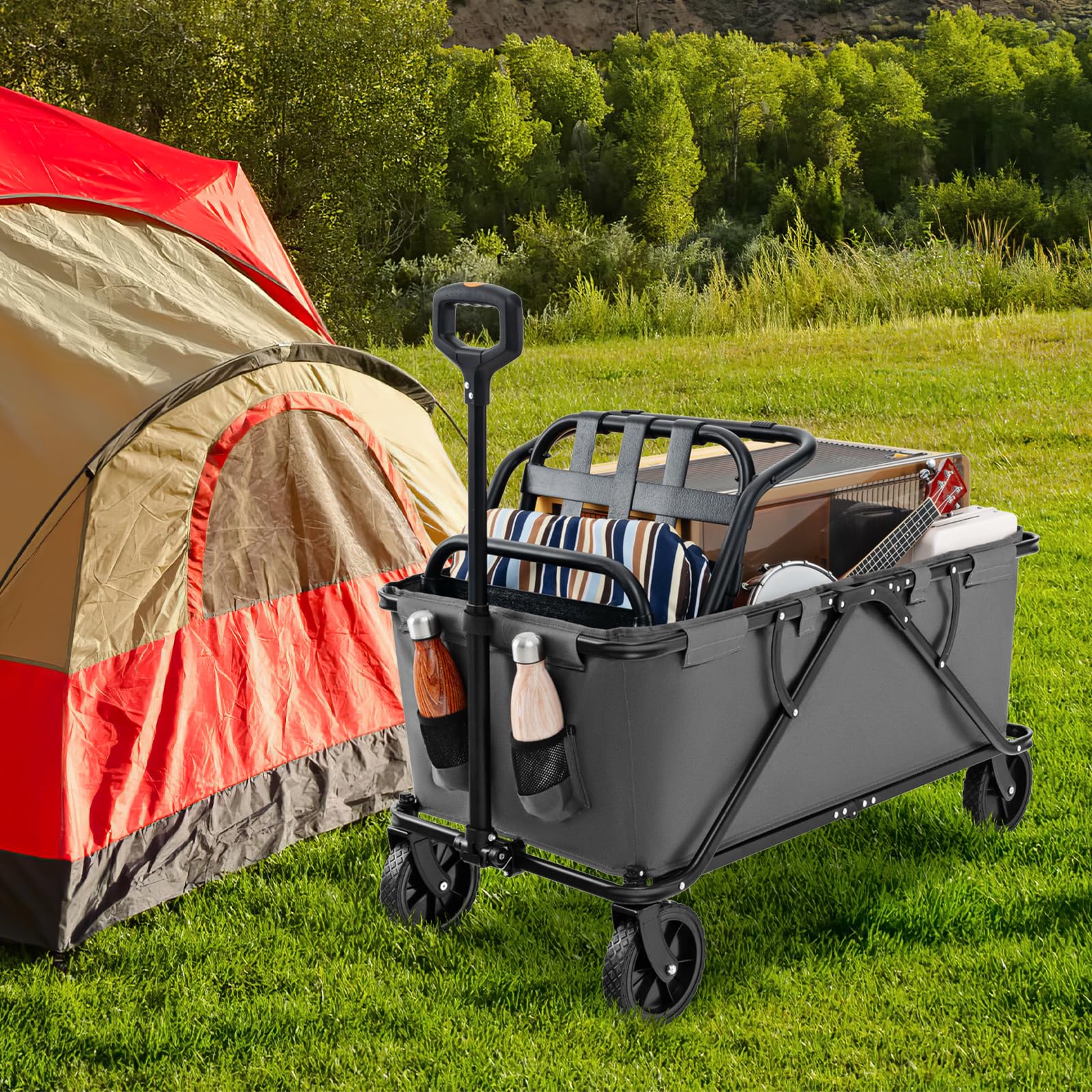 COSTWAY Carrello da Spiaggia Pieghevole 170 L, Carrello con Ruote Portatutto con Maniglia Regolabile e 360° Ruote, Portabottiglie e Tasca Portaoggetti, Carretto Giardino per Campeggio (Grigio)