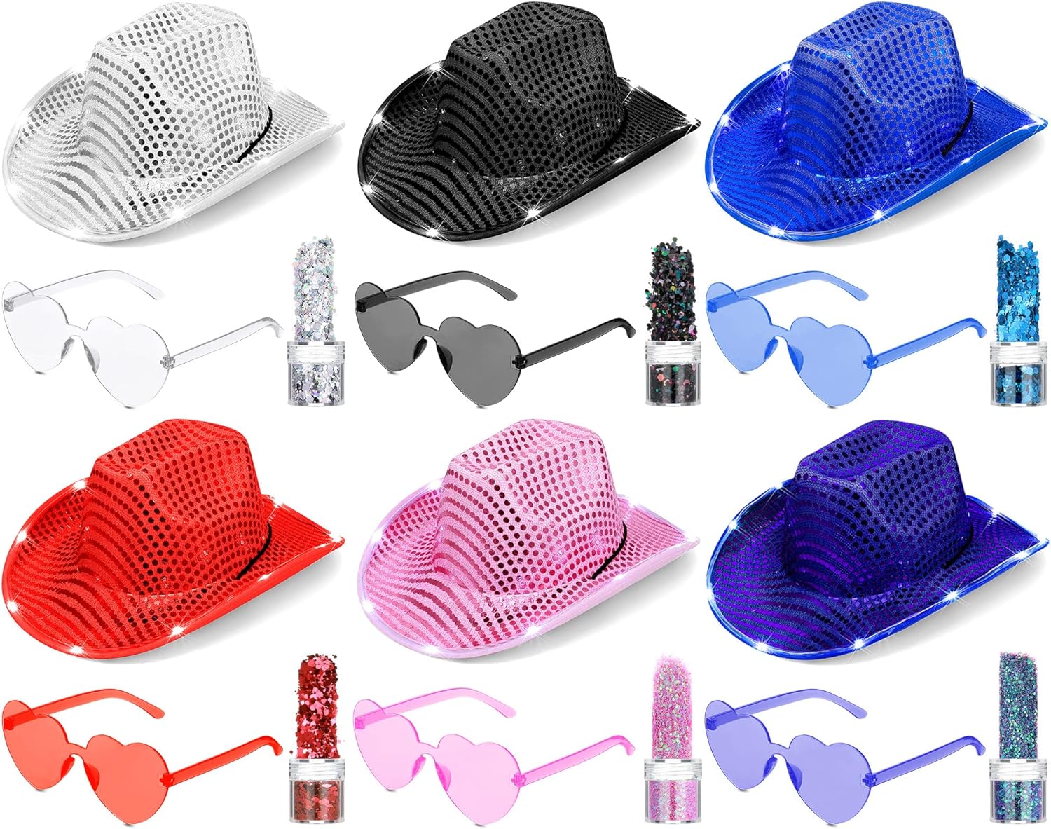 6 Set LED Holographic Space Cowgirl Hat, Neon Sparkly Cowboy Hat with Glasses and Glitter Set, Cow Girl Costume Accessories for Women Adult Disco Rodeo Holiday Party Decoration, 6 Colors