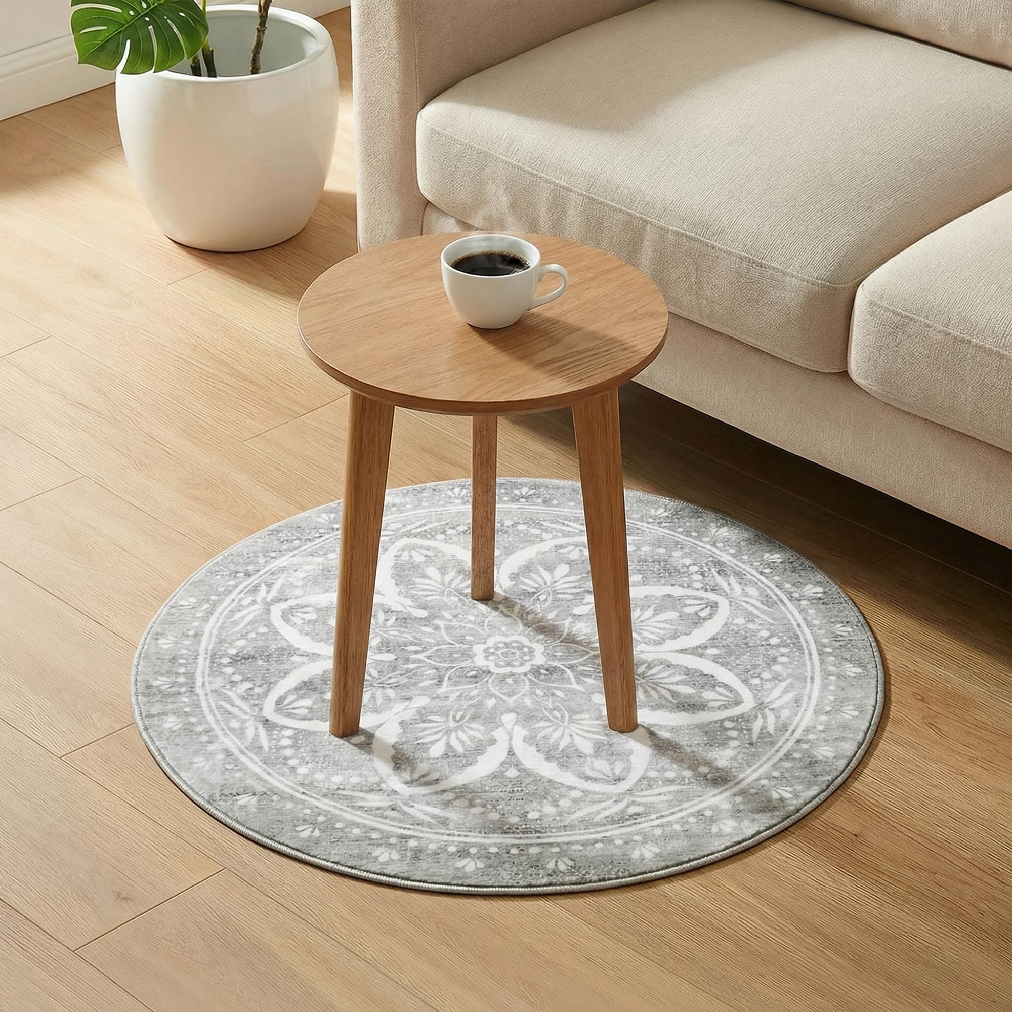 Carvapet 2ft Small Round Rugs - 24 inch/61 cm Washable Vintage Non-Slip Circle Rug with Rubber Backing Foldable Low Pile Design for Entryway Living