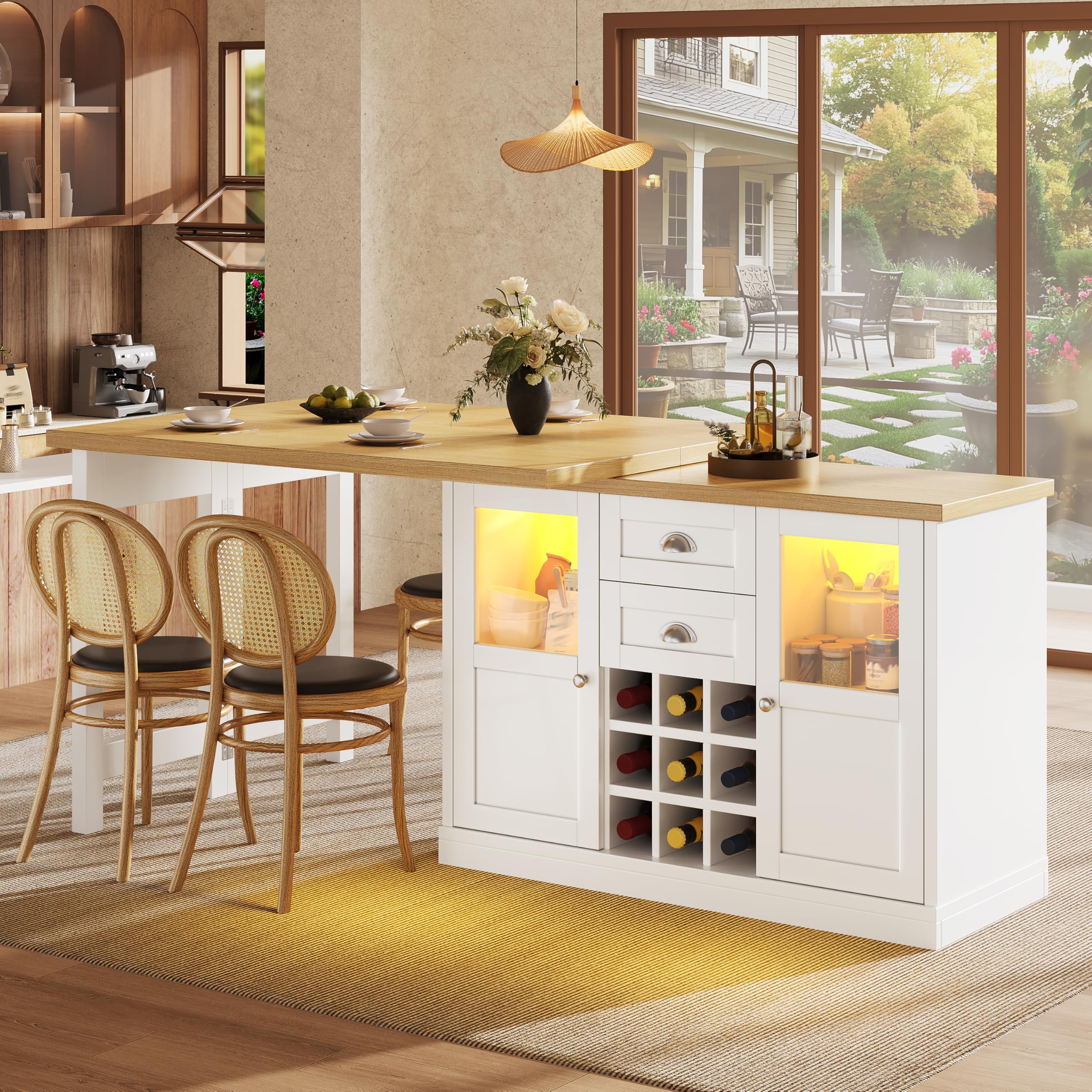 Xfholl Kitchen Island with 2 Drawers and Glass Cabinet Doors, Extendable Sideboard with LED Lights, Adjustable Dining Table with Storage, White