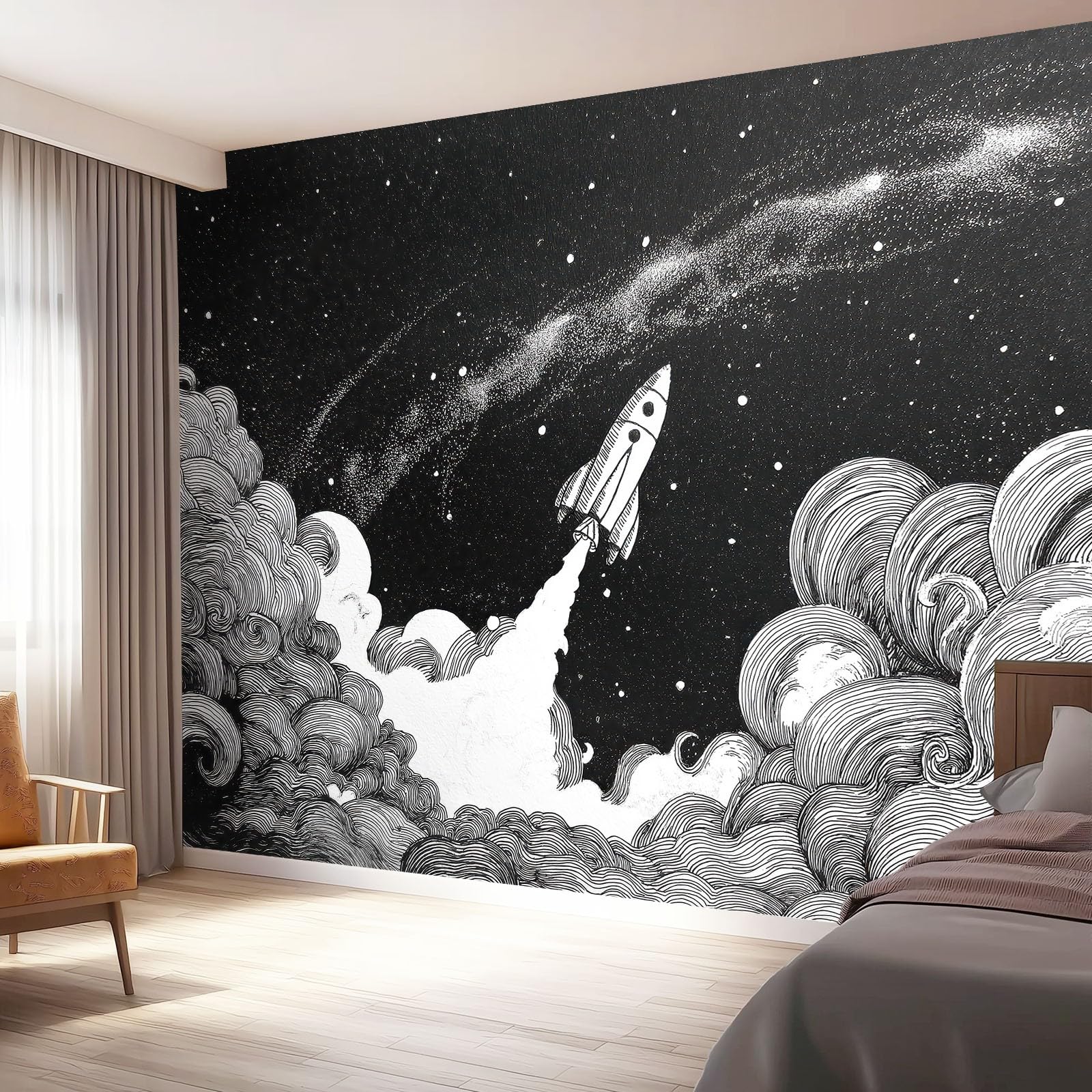 Fototapeta z włókniny 250 x 175 cm, motyw rakiety z kreskówki, ręcznie rysowany motyw, wodoszczelna dekoracja ścienna do pokoju dziecięcego i narożnika na biurko, czarna