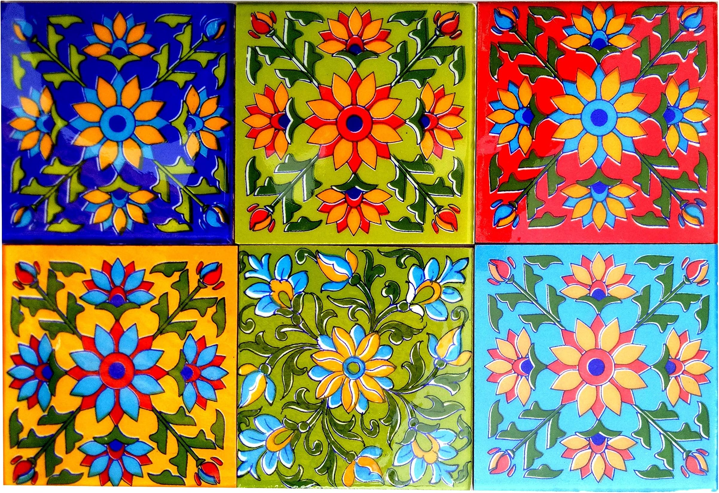 Floor Decorative Tile Seamless Pattern Traditional Handmade Install Furniture Backsplash Designer Decorative Wall Floor Furniture 4 x 4 Inch Pack of 6 Tiles (Multi)