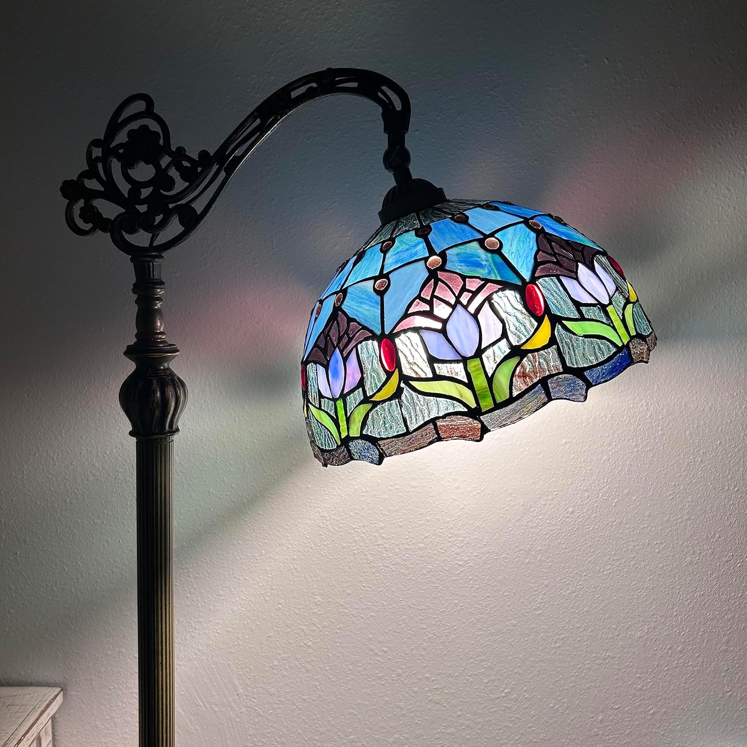 Stained Glass Floor Lamp Blue Purple Tulips Metal Base LED Bulb Included Gooseneck Adjustable for Living Room Bedroom 20" W*12" D*63" H