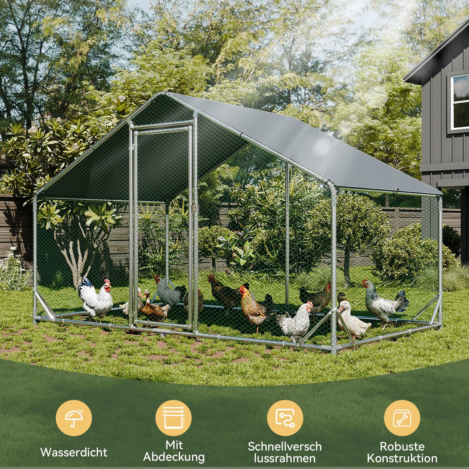 Aoxun Hühnerstall, 3x2x2 m freilaufgehege hühner, 6 m² Großes Hühnergehege mit Wasserdichtetem PE, verzinktem Stahl Kleintiergehege für Hühner Ente Kaninchen