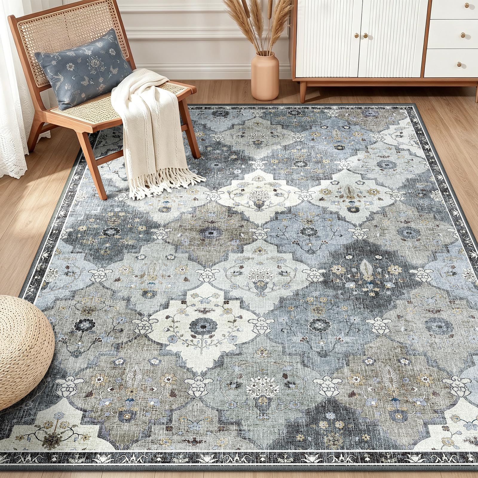 INOVADAY Teppich Wohnzimmer Moroccan Teppich Waschbar Boho Kurzflor rutschfest Teppiche für Lounge Schlafzimmer Esszimmer mit Druckmuster