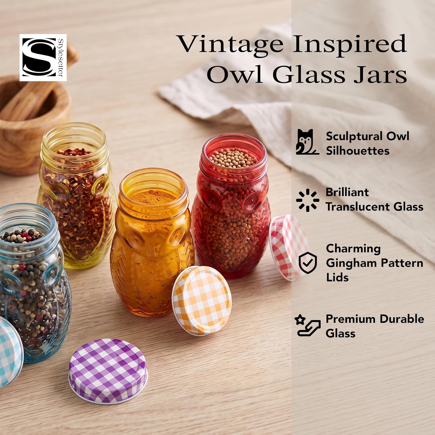 Style Setter Owl Glass Canister Jar Set w/Airtight Metal Lids, 14Oz - 6 PK