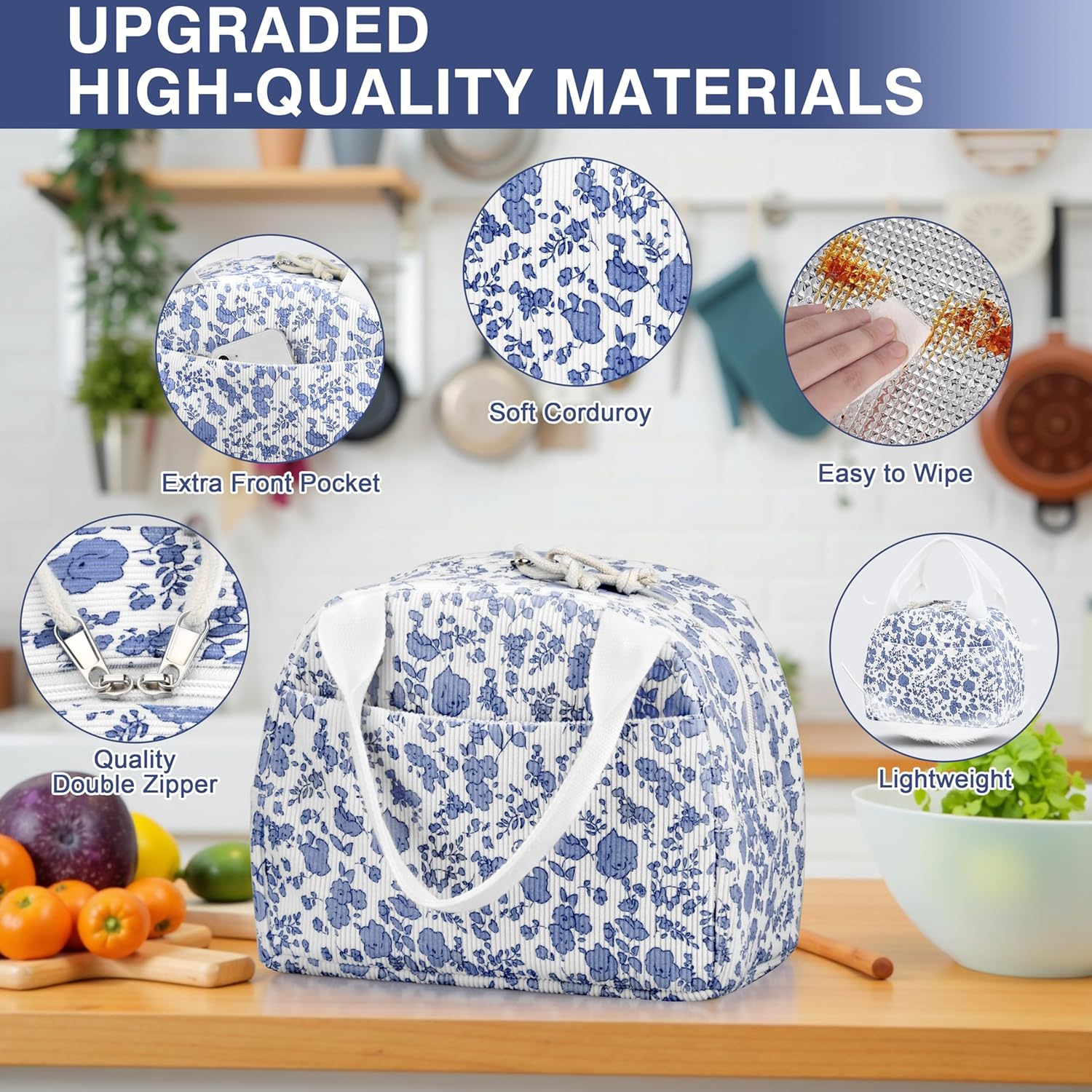 Lunch Bag - Insulated Lunch Box for Women, Reusable Large Capacity Cooler Bag for Adult, Small Leakproof Cute Corduroy Lunch Tote for Work Office Travel Picnic (Corduroy Navy Blue-Flower) - Image 3