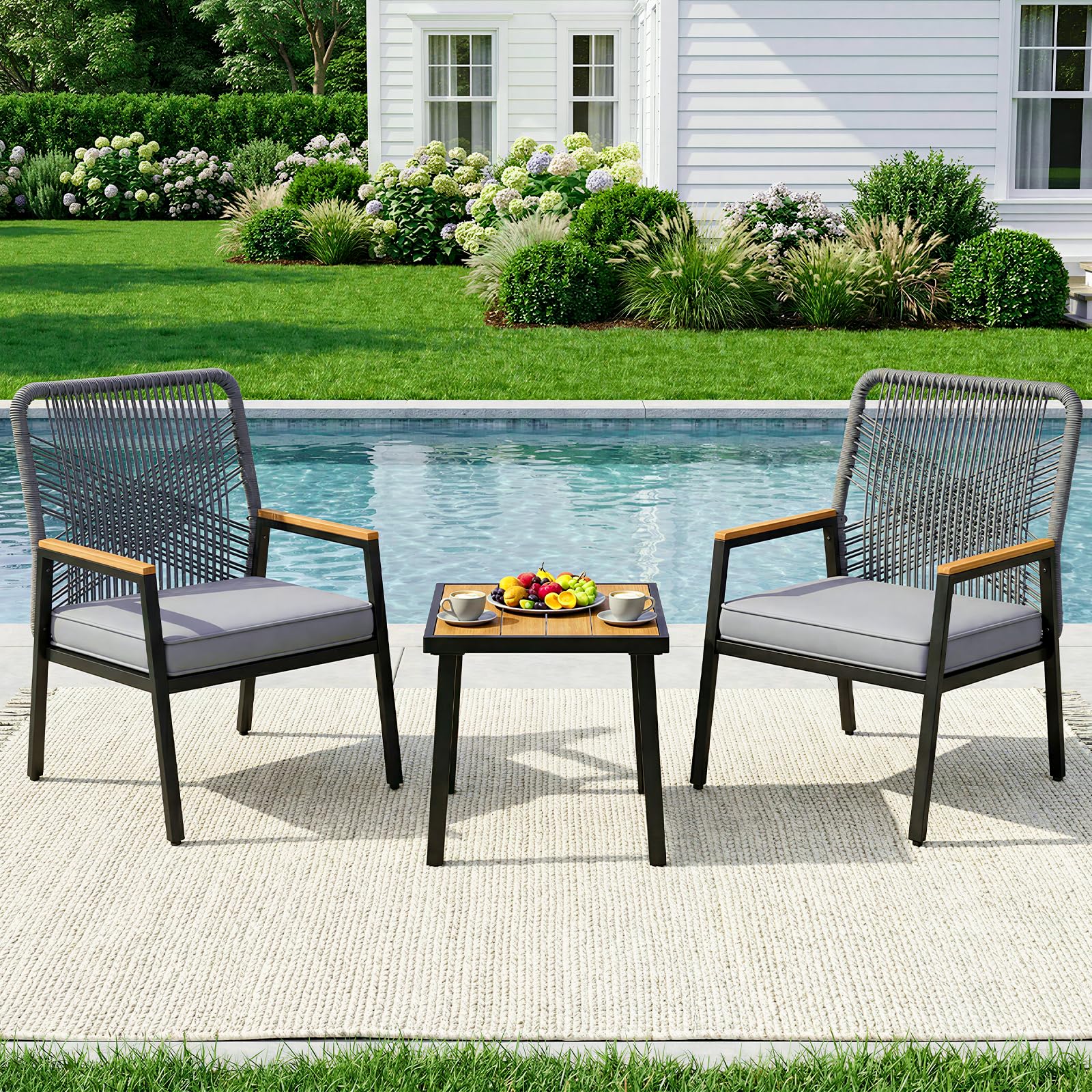 LIFERUN Gartenmöbel-Set, 3-teilig Gartenstuhl Rattan, für Terrasse, Garten | 2 Terrassenstühle mit Tisch, Bis 160 kg, witterungsbeständig, WPC Armrest, Outdoor Balkonmöbel Metall und Rattan, Grau
