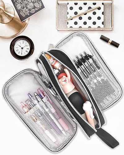 Miniatura 4 de Estuche para lápices de gran capacidad, bolsas expandibles con cremallera, 3 compartimentos, caja de lápices de lona, bonita bolsa para lápices,