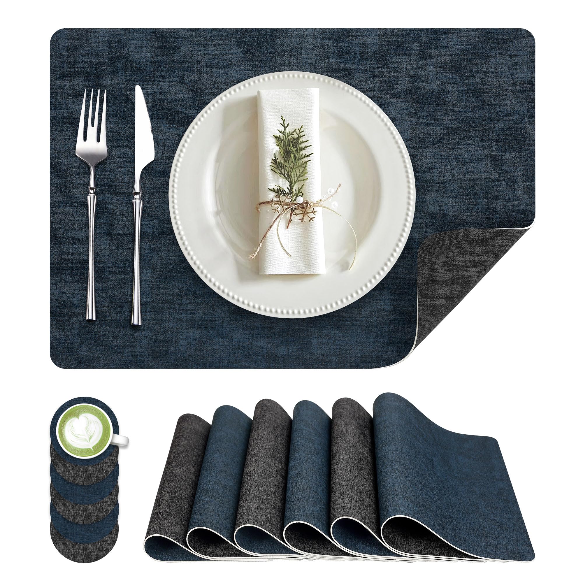 Set di 6 tovagliette quadrate in finta pelle, antiscivolo, resistenti al calore, con sottobicchiere, reversibili, lavabili e impermeabili, per cucina, sala da pranzo, esterni (6, nero, blu navy)