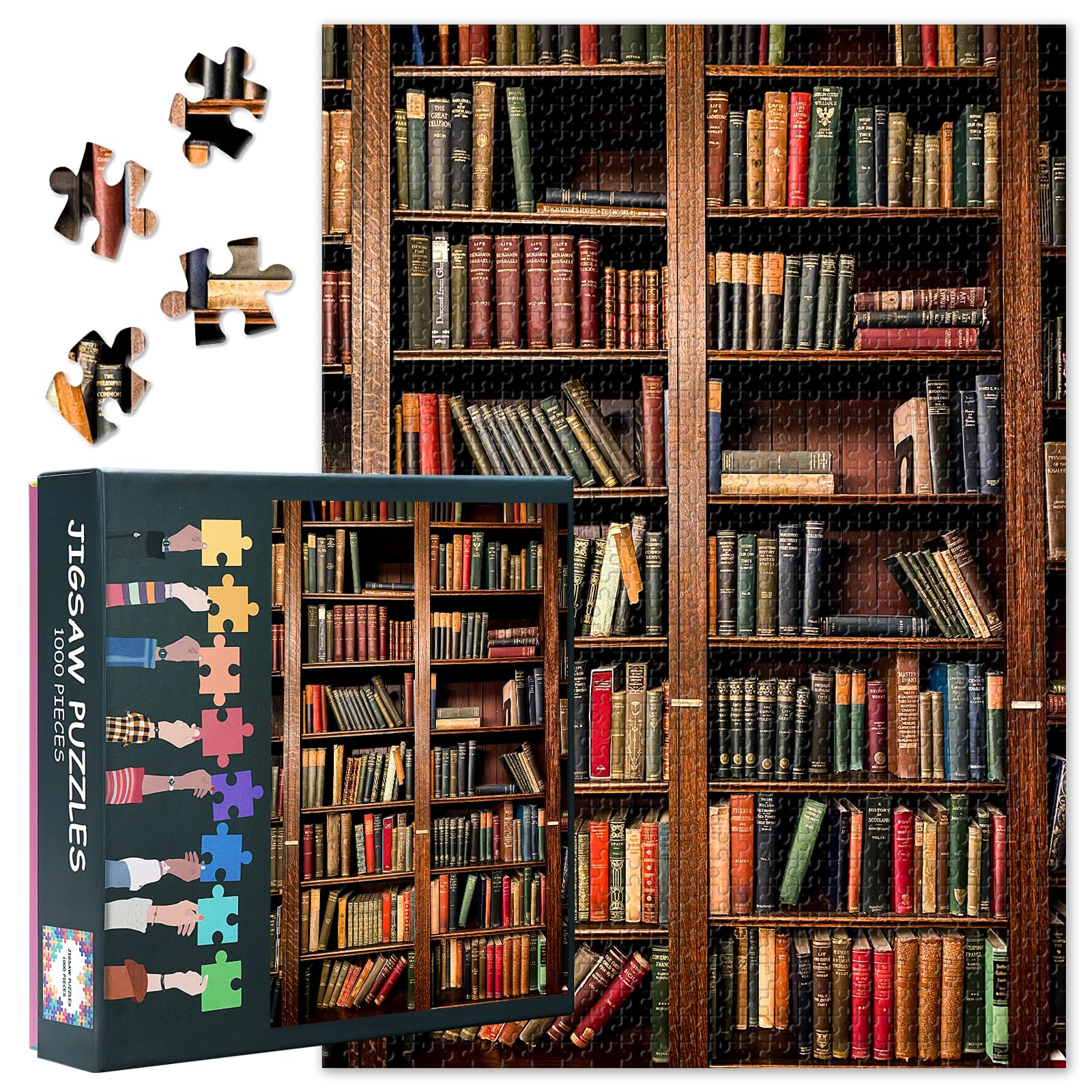 1000-Piece Jigsaw Puzzle –Books on Shelves in Library or Study with Classic Dark Wood- 50x70cm Large Format for Adults & Teens | Premium Quality, Classic Book Puzzles