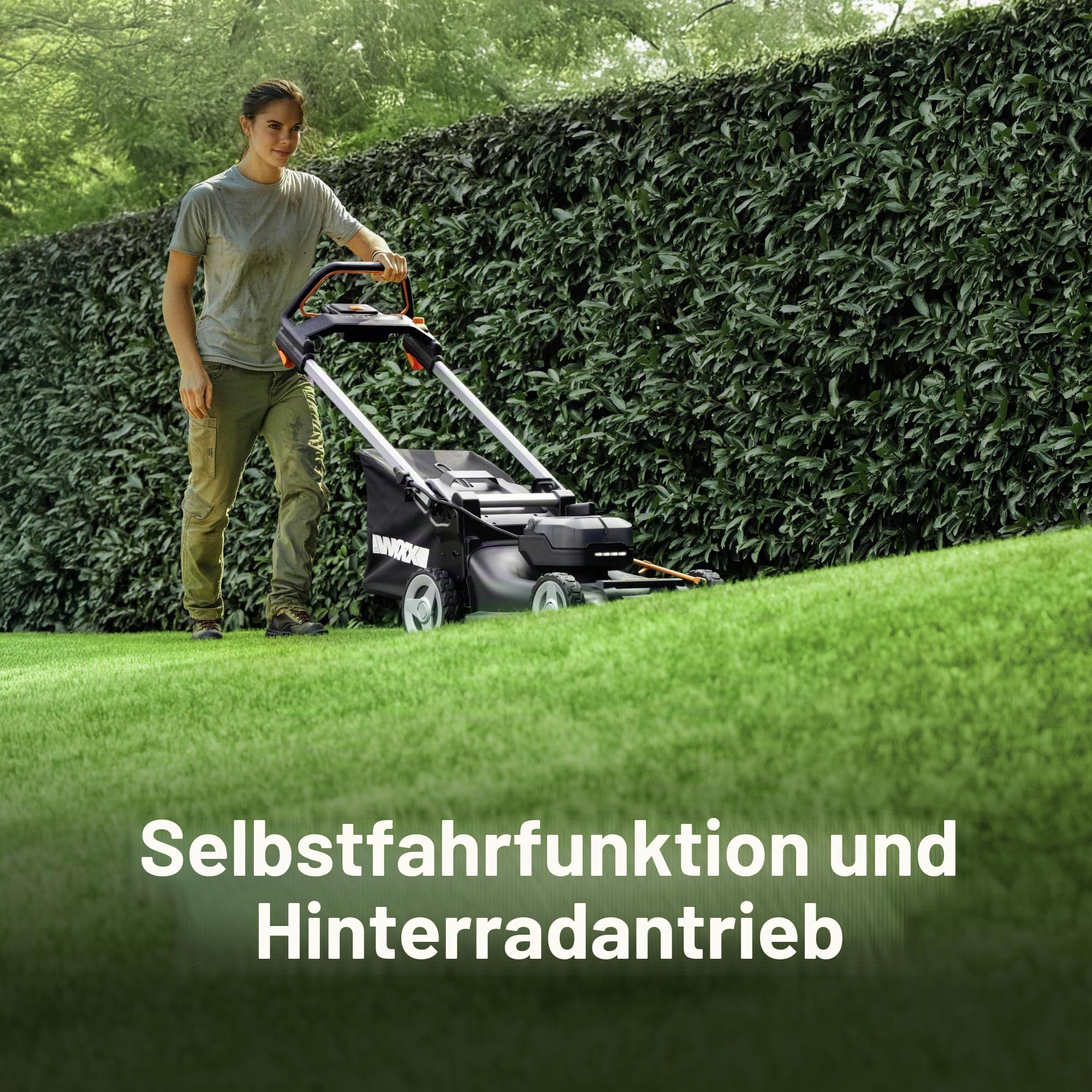 WORX WG760E 40V Akku-Rasenmäher 51cm, bis max.600 m², bürstenloser Motor, 80L Fangkorb, 7-fache Schnitthöhe, Selbstantrieb, IntelliCut & 3-in-1 Funktion, inkl. 2X 5.0Ah Akkus & Dual-Ladestation
