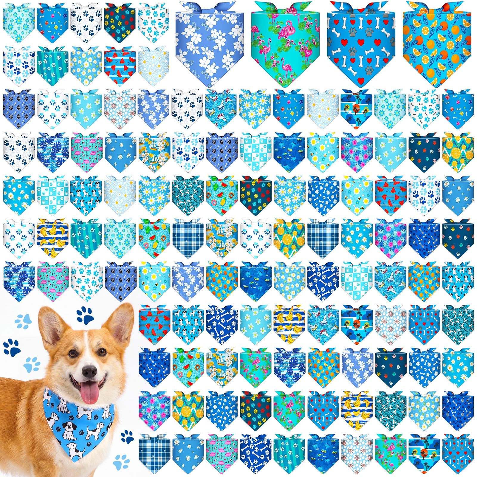 Sanwuta 120 bandane per cani con stampa di zampa blu, bandane per cani, triangolo, fazzoletto, bavaglino, set per costumi per animali domestici, accessori quotidiani