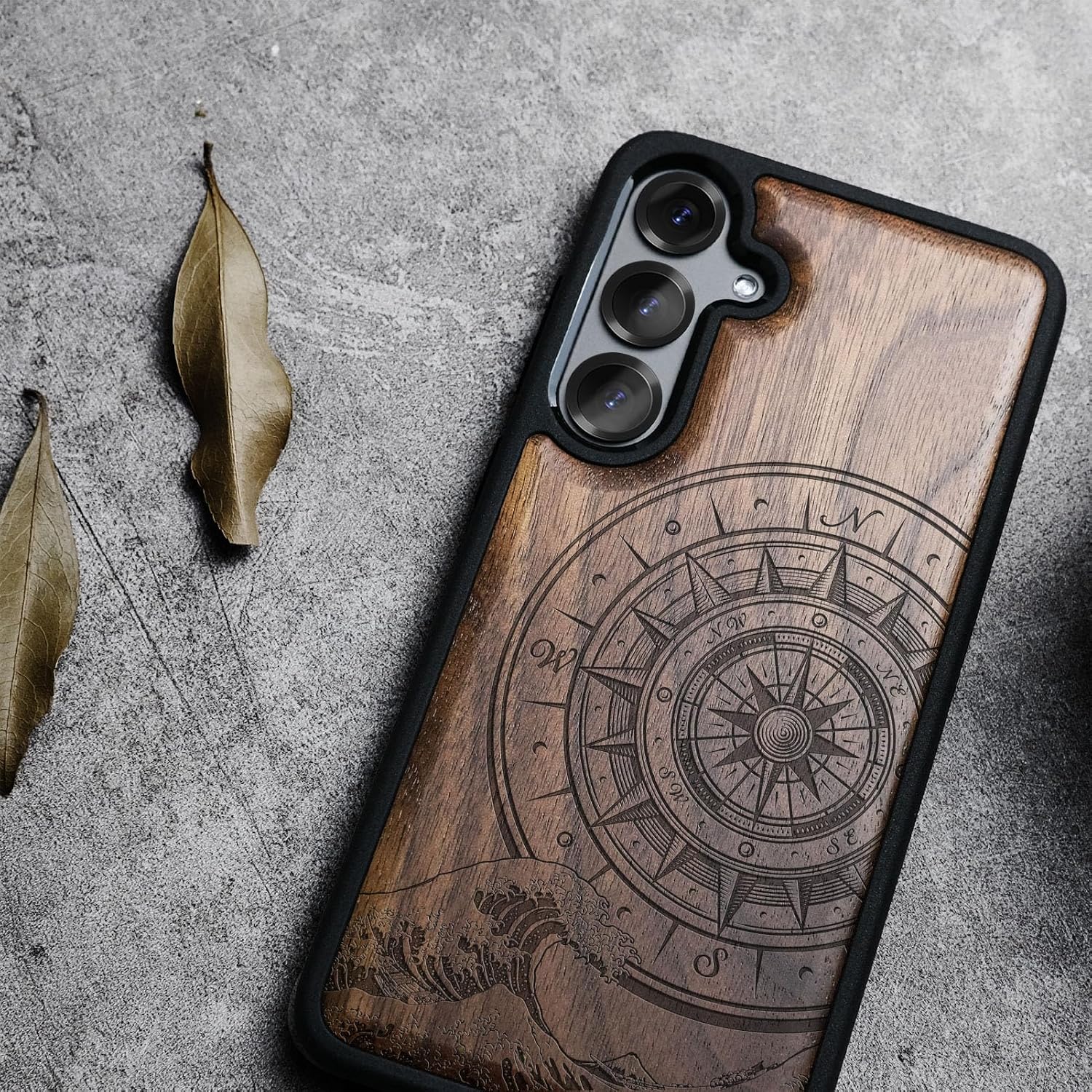 Carveit Magnetic Wooden Case for Samsung Galaxy S25 Case 2025, TPU Shockproof Cover & Wood Artisan Engraved, Compatible with MagSafe Wireless Chargers (Wave Compass) Walnut