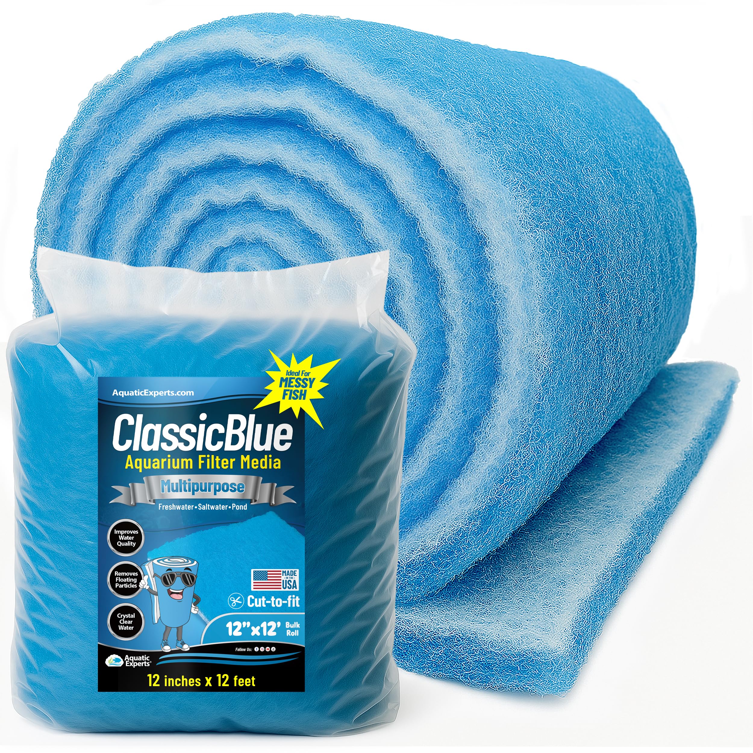 Aquatic Experts Classic Bonded Aquarium Filter Pad -12 Inches by 12 Feet by .75 Inch - Blue and White Filter Media Pad Bulk - Replacement Filter Rolls