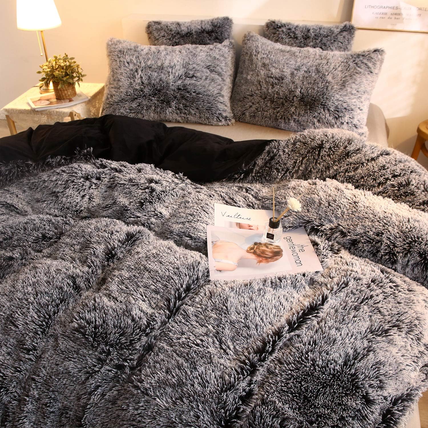XeGe Plush Shaggy Duvet Cover Luxury Ultra Soft Crystal Velvet Bedding 1PC(1 Faux Fur Duvet Cover),Zipper Closure (Queen, Black Ombre) : Home & Kitchen