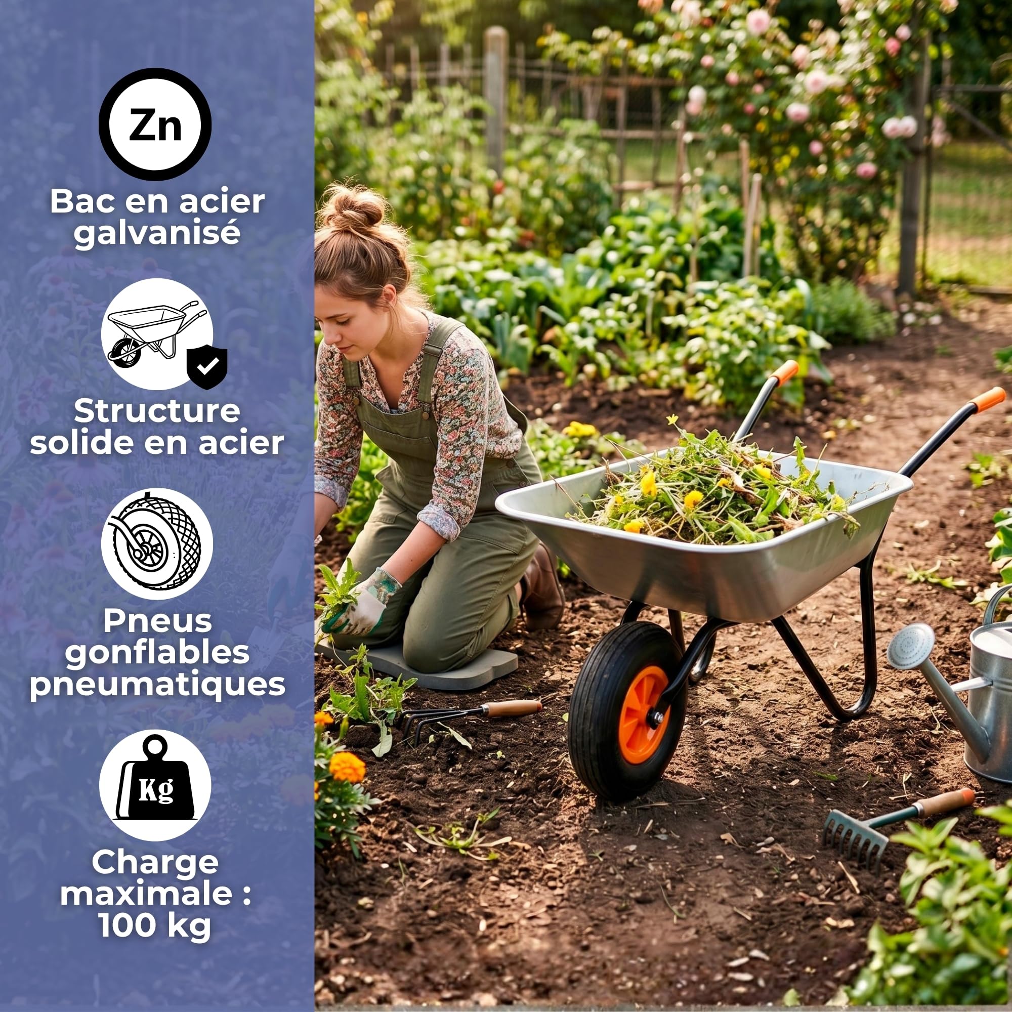 Springos Brouette de 120 L avec pneus à air et bac en acier galvanisé, capacité de charge jusqu'à 100 kg, pour jardin, construction, patio, atelier, couleur argent et orange