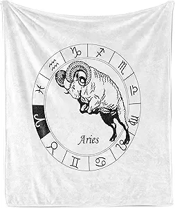 Ambesonne Zodiac Aries Throw Blanket, Zodiac Wheel with 12 Signs and Jumping Animal Esoteric Print, Flannel Fleece Accent Piece Soft Couch Cover for Adults, 50