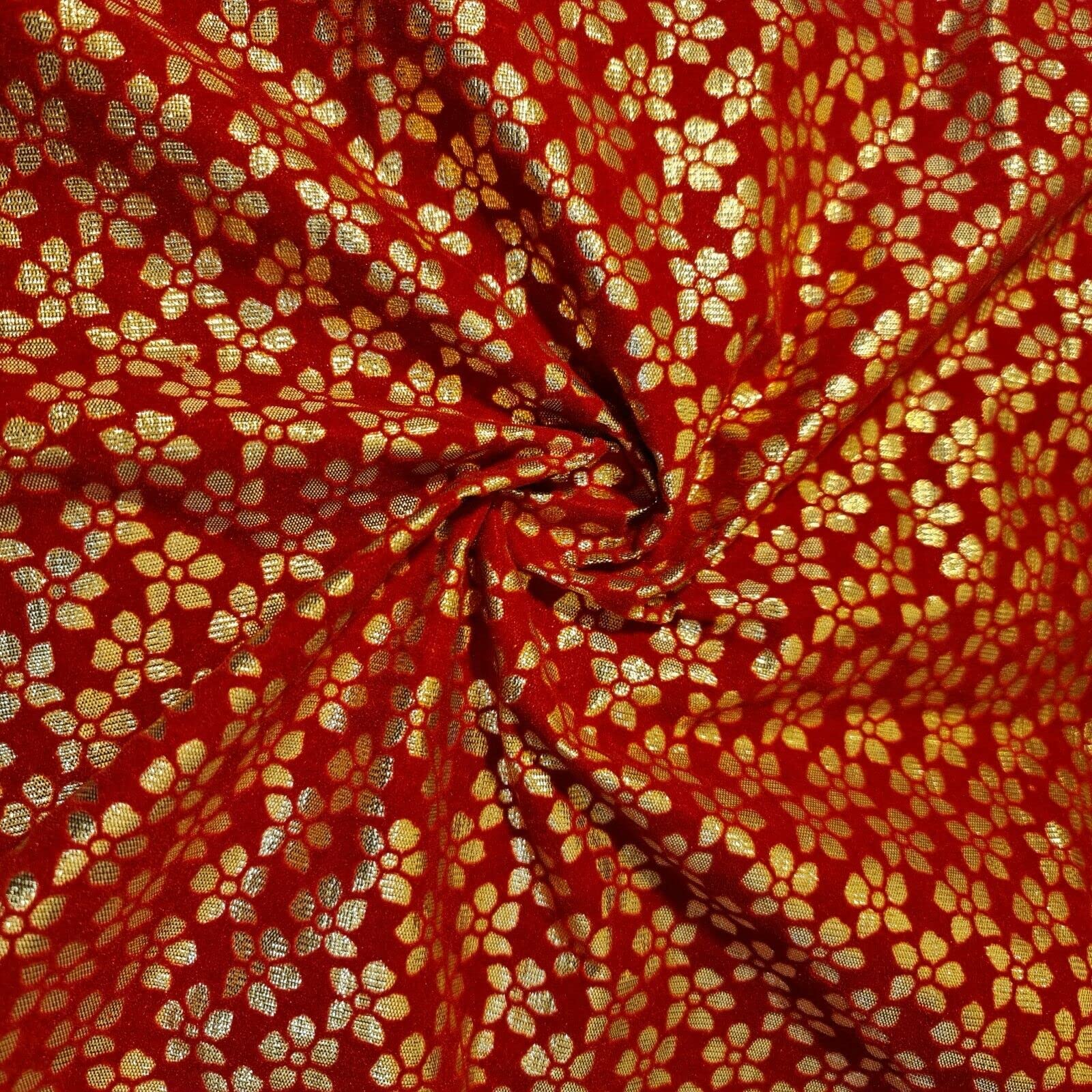 Gold Glitter Foil Lame Velvet Flock Décor Craft Dress Fabric 44" Pre Cut (by The Meter) (Red Floral)