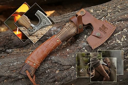 Miniatura 5 de Hachas vikingas de 13 pulgadas con mango de madera de fresno y hachas con envoltura de cuero, hacha de división de madera, hacha de campamento,