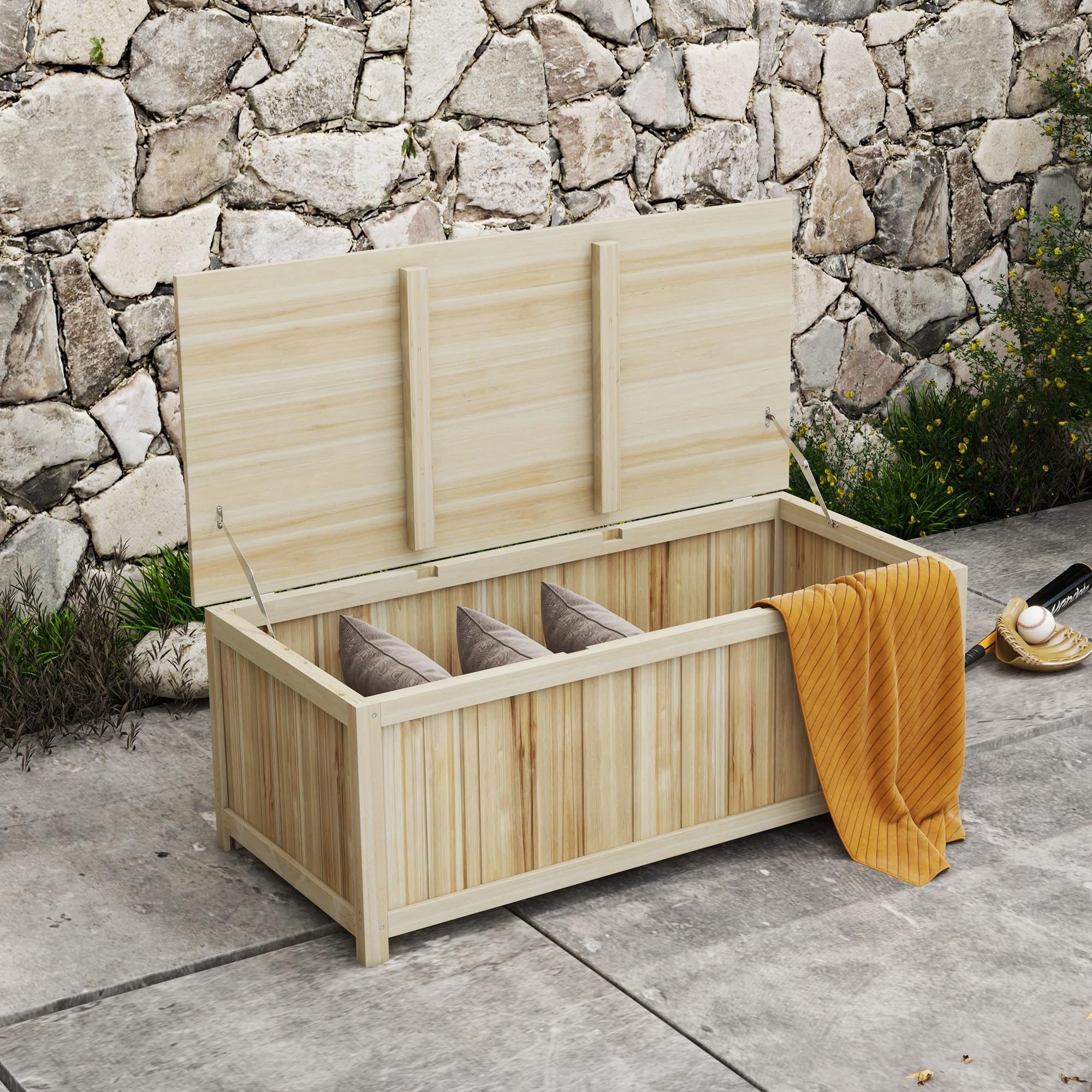 Outsunny Bagażnik ogrodowy 172 l, pojemnik do przechowywania z podnośnikami, do użytku na zewnątrz, z litego drewna, 120 x 55 x 45 cm, z efektem naturalnego drewna