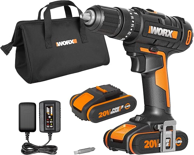 WORX 18V(20V) Cordless Impact Drill Kit, Hammer Drill, PowerShare, Max 50N.m, (incl. 2x2.0Ah Batteries), 2-Speed Gear, 13mm Keyless Chuck, WX370.1, Black