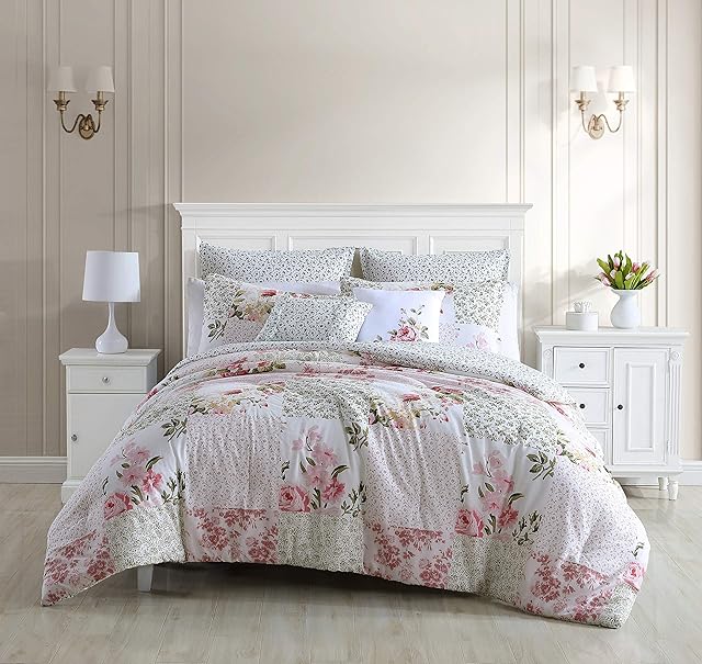 Laura Ashley Home - Queen Comforter Set, Reversible Cotton Bedding, Includes Matching Shams with Bonus Euro Shams & Throw Pillows (Ailyn Pink, Queen)