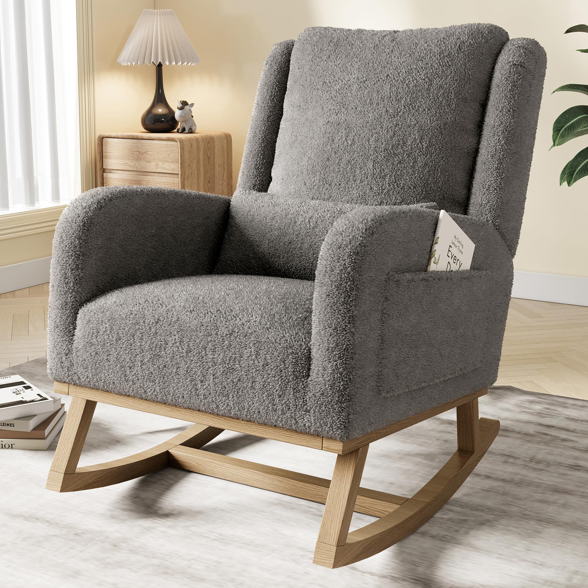 Silla Mecedora, Sillas Mecedoras de Salón, Silla de Lectura con Bolsillos de Almacenamiento en Ambos Lados, Silla Mecedora con Patas de Madera Maciza, 96x94x70cm, Terciopelo Teddy, Gris
