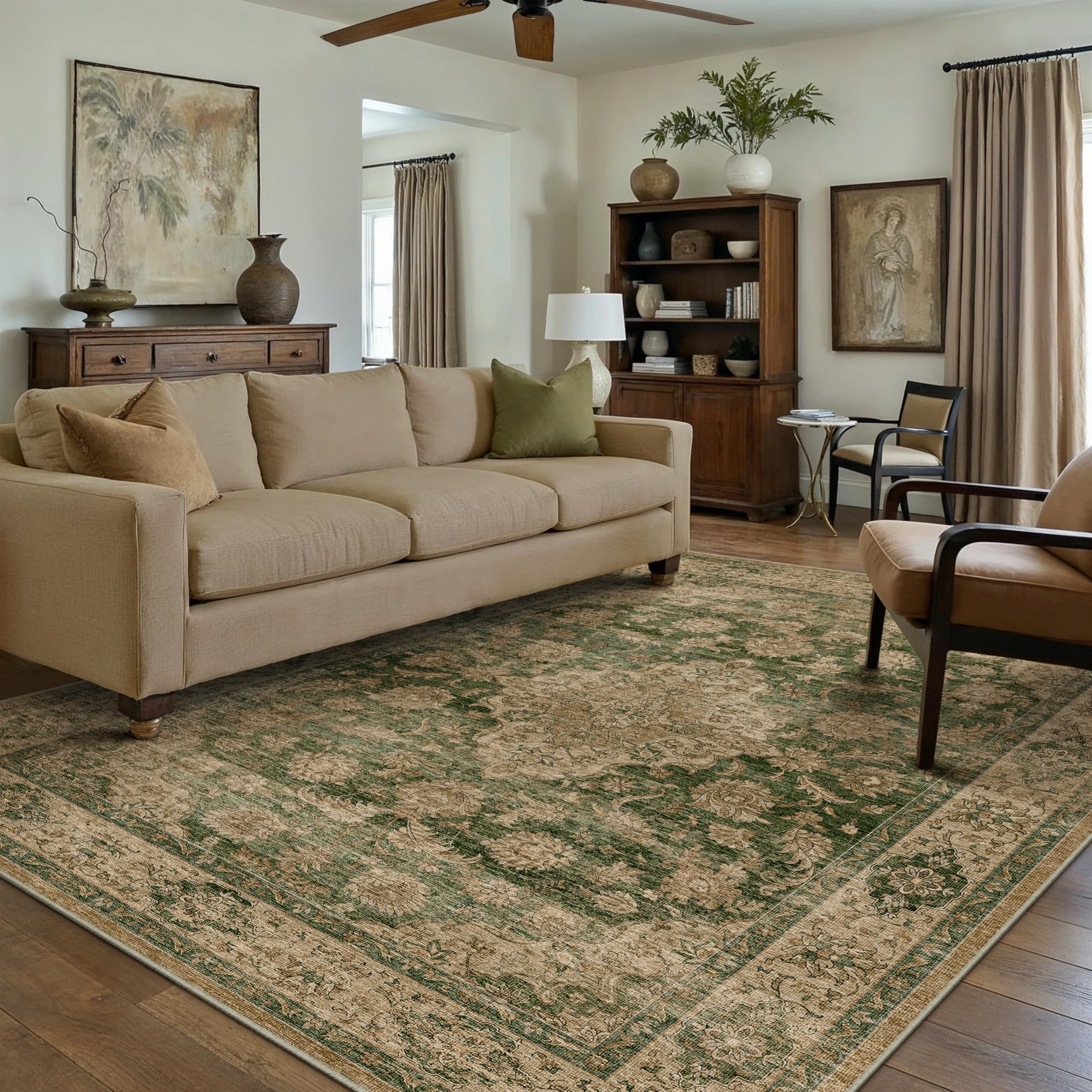 hugear retro green area rug 6x9 machine washable living room rugs distressed vintage floral low pile carpet bedroom office dining room laundry room non slip soft lightweight