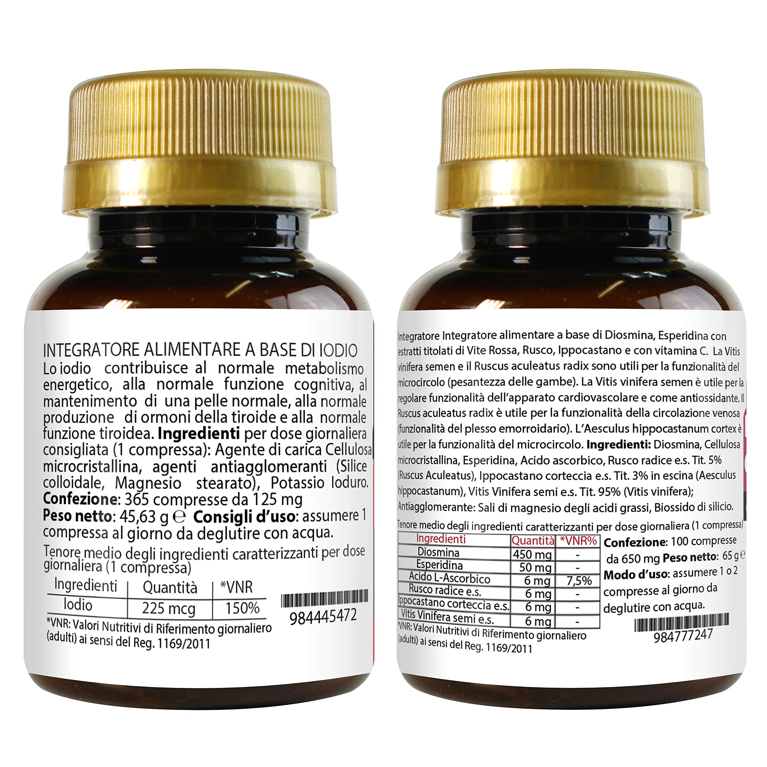 Set di integratori metabolismo tiroide + antiossidante circolazione | iodio 365 compresse + diosmina esperidina bioflavonoidi 100 compresse | non di origine animale | senza glutine e lattosio