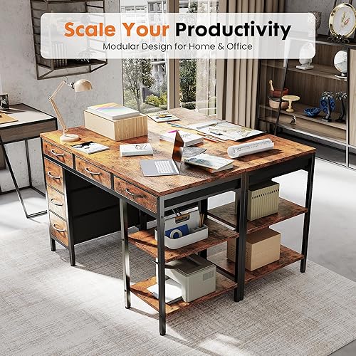 Miniatura 5 de Sweetcrispy - Escritorio de computadora de 47 pulgadas con 6 cajones, escritorios de oficina en casa para juegos con estantes de almacenamiento para