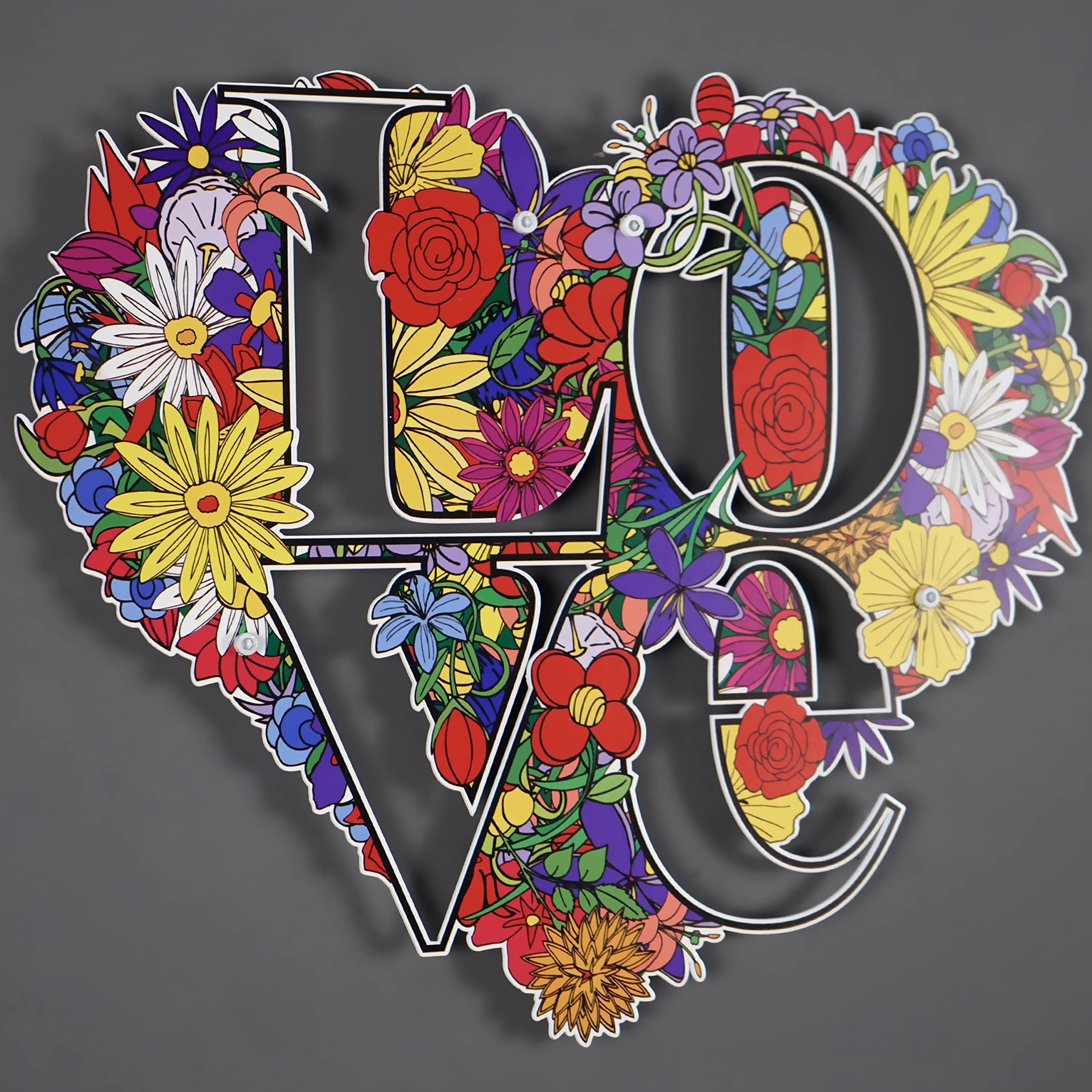 Love on Flowers - Stampa artistica da parete in metallo con stampa UV | Targa in metallo a forma di cuore, regalo per San Valentino, targa decorativa per coppie (53 x 45 cm)