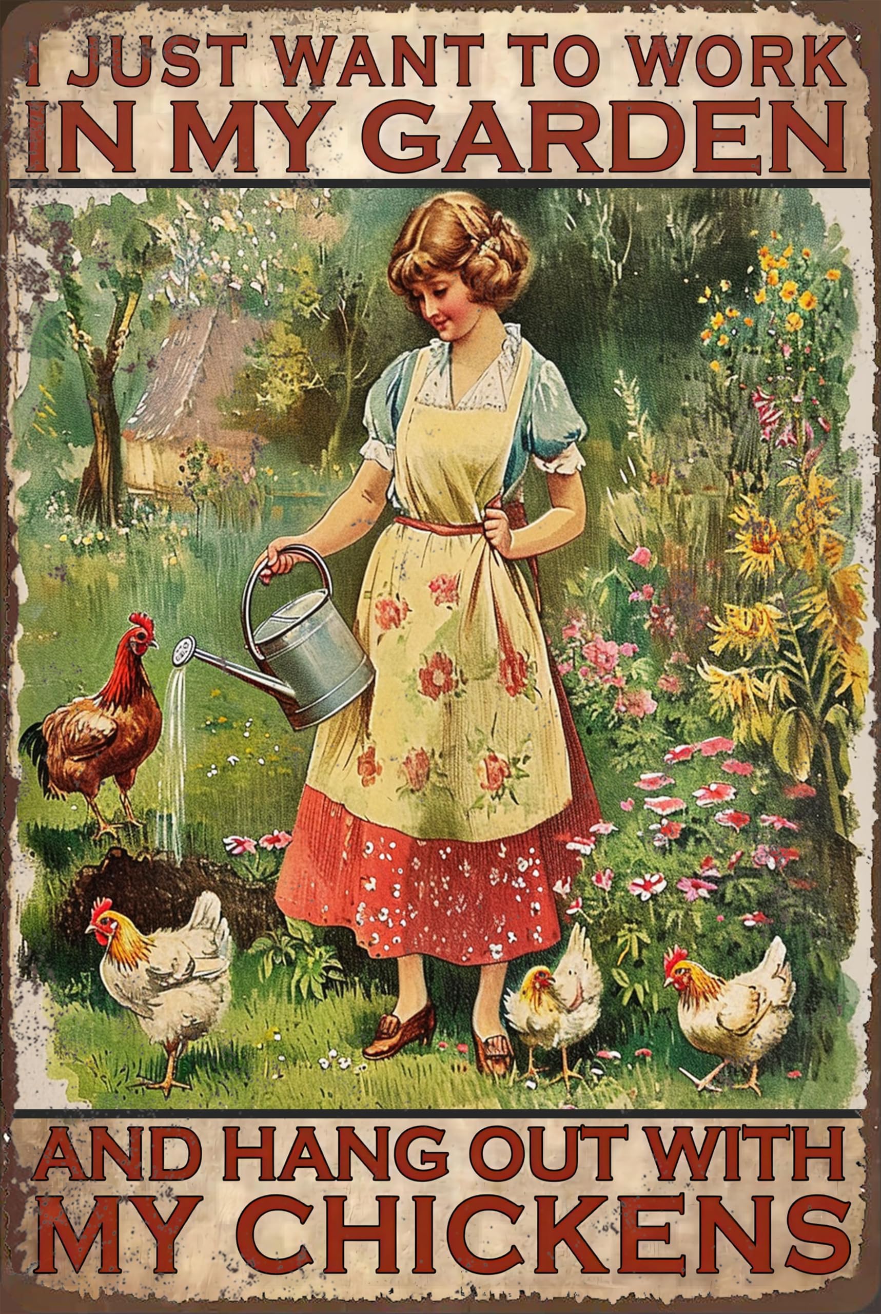 Chicken Coop Poster Sign,Metal Chicken Signs For Coop Funny Outdoor“I Just Want To Work In My Garden And Hang Out With My Chickens”Gifts For Homesteaders Vintage Garden Metal Tin Signs 6x8inch-image-1