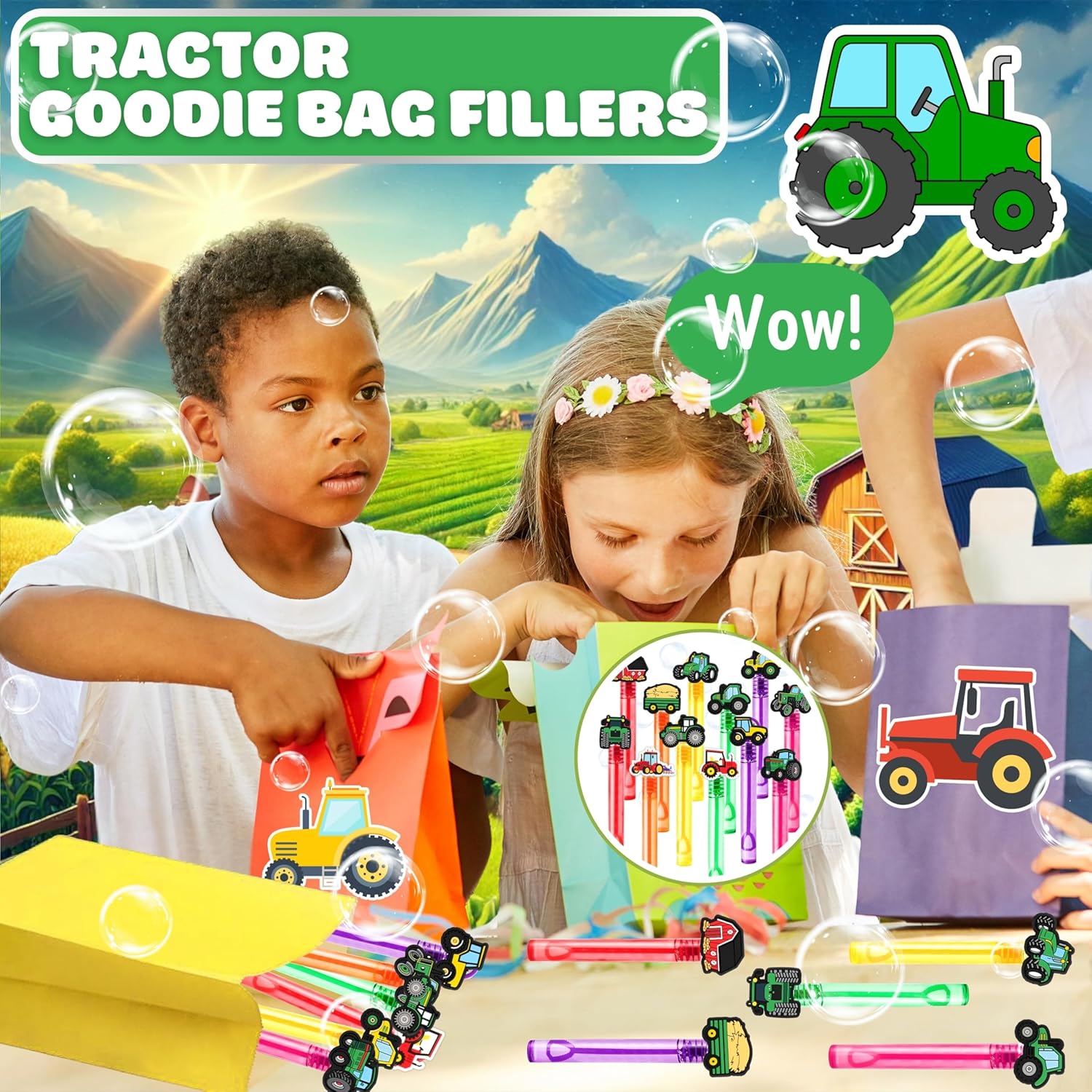 Tractor Party Favors for Kids – 24PCS Farm-Themed Bubble Wands, Great for Birthday Supplies, Pinata Fillers, Goodie Bags & Classroom Rewards