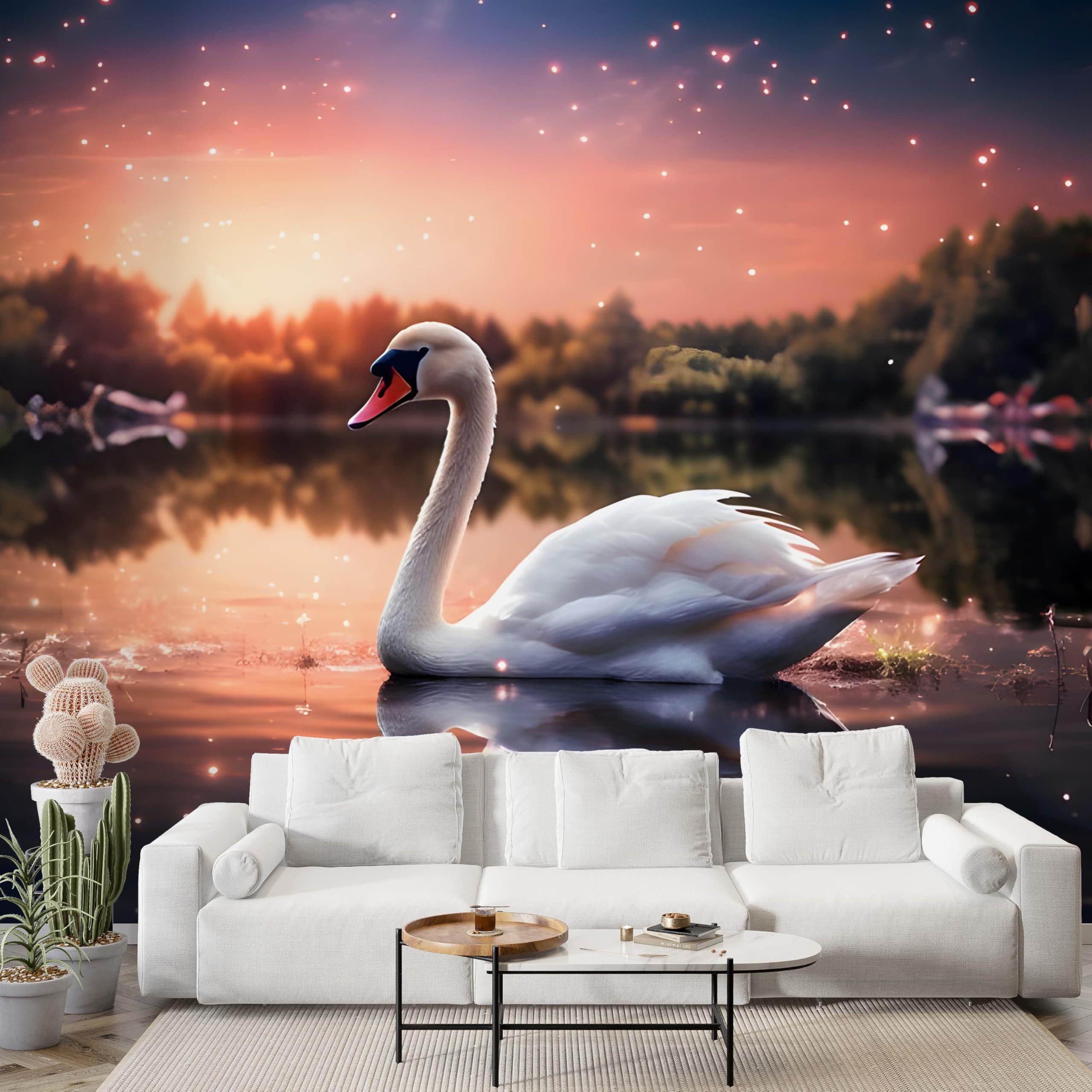 Papier peint panoramique cygne pour créer une ambiance cocooning de salon