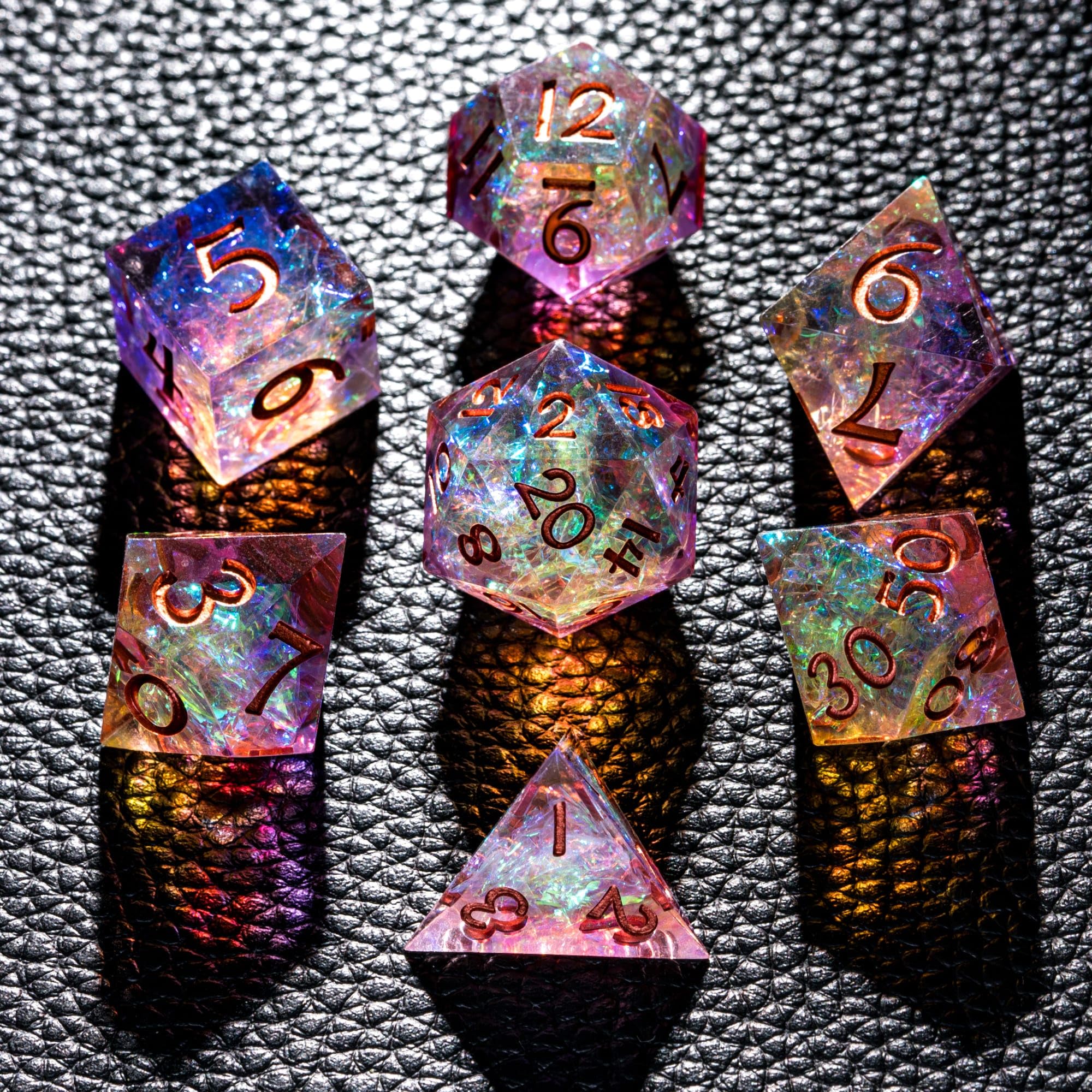 Juego de 7 dados DND, juego de dados hechos a mano con borde
