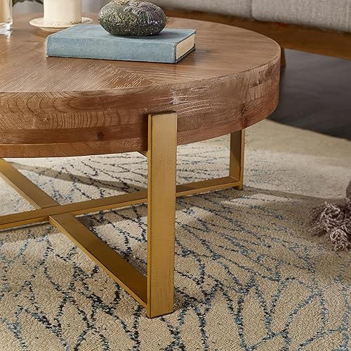 Miniatura 4 de Mesa de centro redonda de madera para sala de estar, mesa de centro circular de granja con patas de metal dorado, mesa de centro de madera rústica