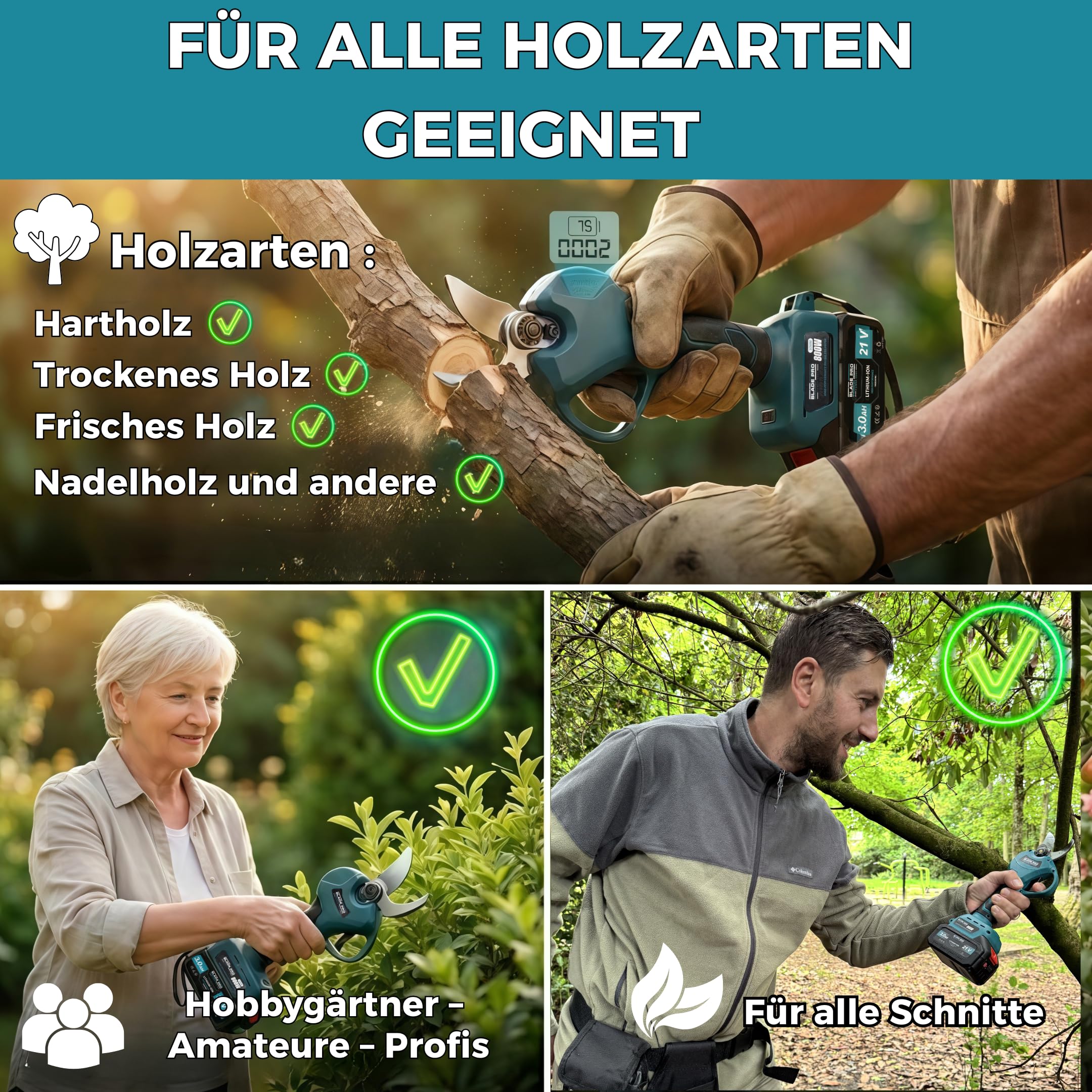 Bladepro Akku-Astschere 40 mm, elektrische Gartenschere kabellos – 800 W bürstenloser Motor, SK5-Stahlklinge – 2x 2,0 Ah Akkus, LED-Display, inkl. Koffer